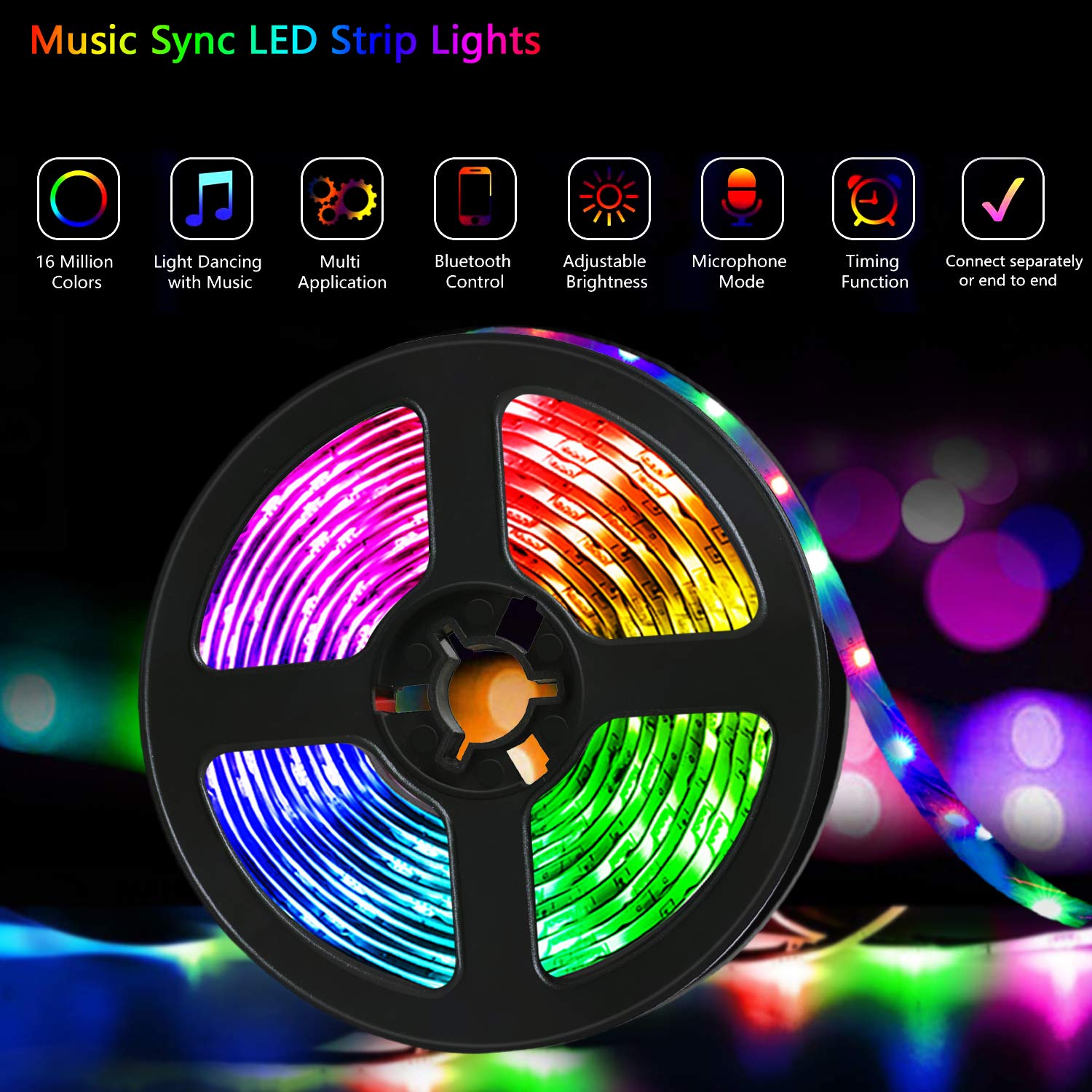 Qzyl 49.2Ft Led Strip Lights, Multicolor Music Sync Rope Lights With Remote For Home Decor