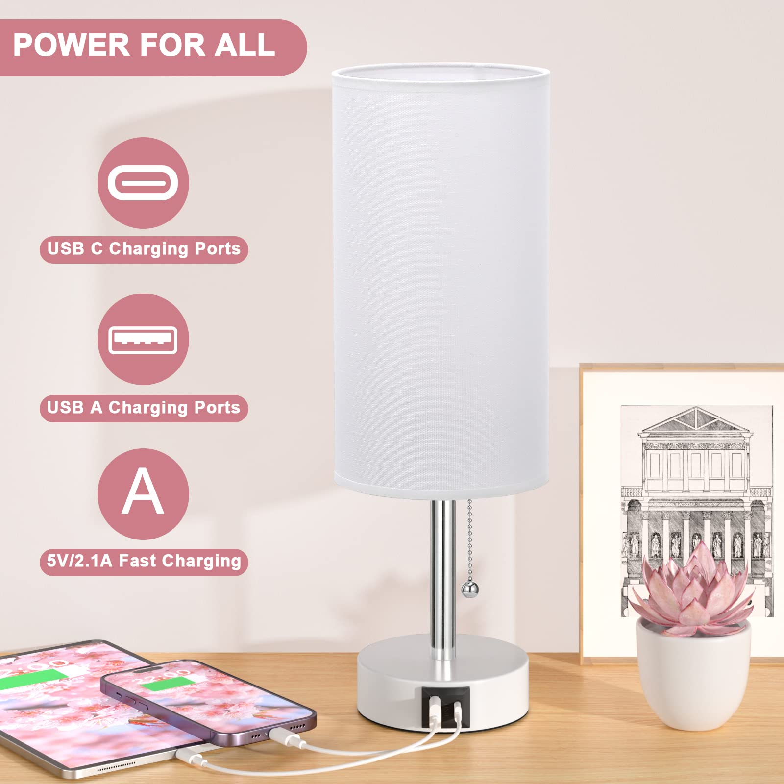 Hong-In Nightstand Lamp With 3 Color Modes - White Lamp For Bedroom With Usb-C Usb-A Charging Ports, 3000/4000/5000K Bedside Lam
