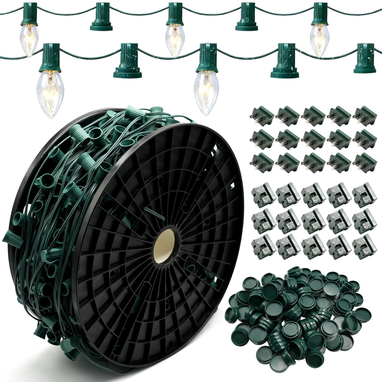 VAPOURSKY C9 Light Spool Set, 500ft Christmas Stringer, 12in Spacing, Green, Model VA005-500FT12IN-GRE, with 30