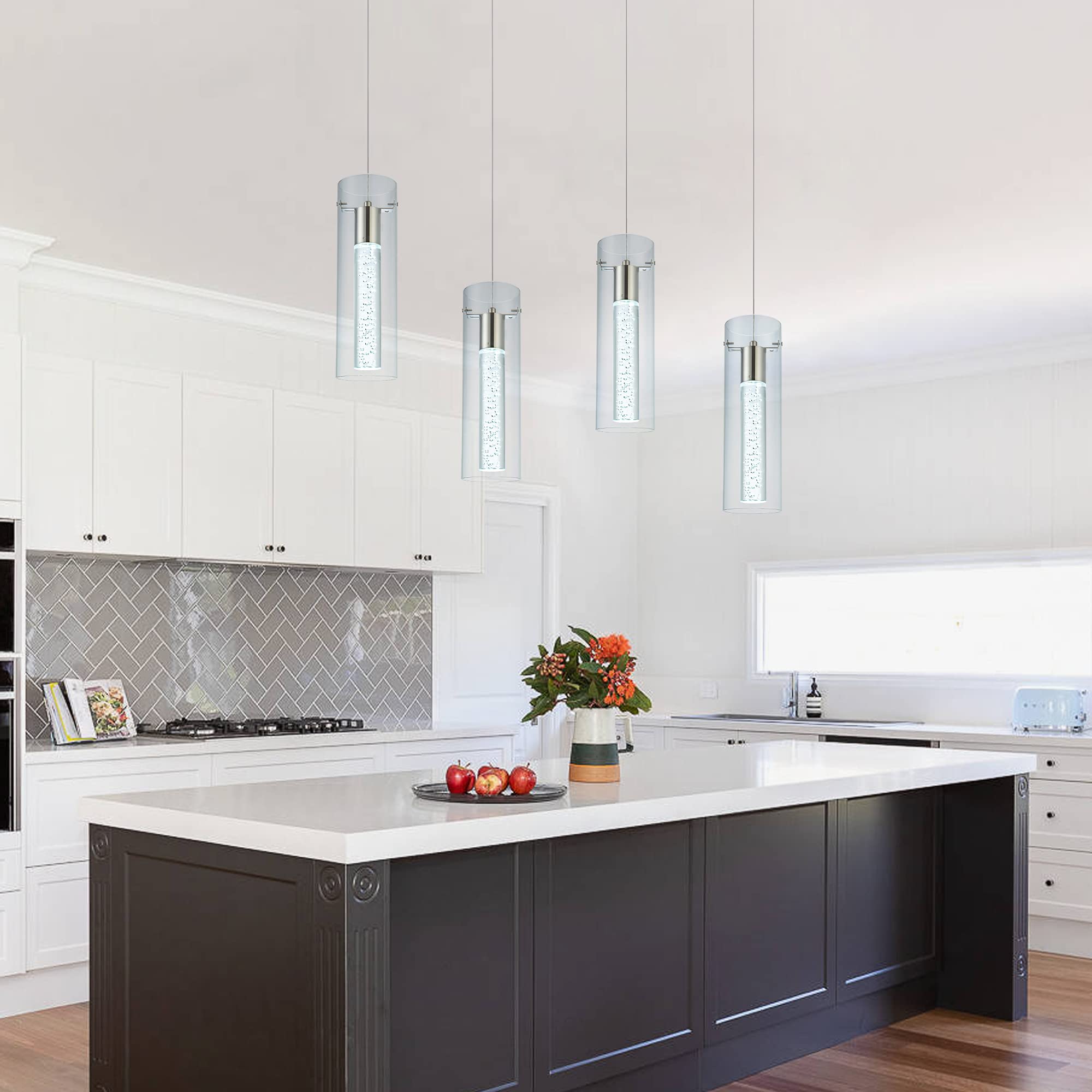 Votag Kitchen Lighting Pendant Fixtures 4-Light Led Pendant Ceiling Fixture Brushed Nickel Bubble Cylinder Pendant Light With Adjustable Length For Kitchen Island Dinning Room Bedroom