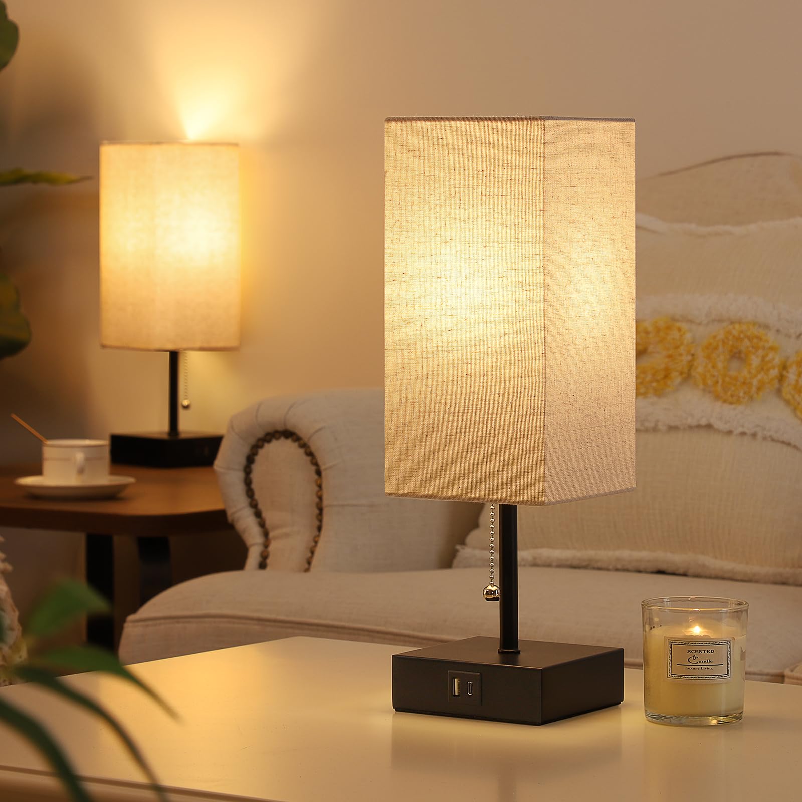 Ggoying Set Of 2 Bedside Table Lamp, Pull Chain Table Lamp With Usb C+A Charging Ports, 2700K Led Bulb, Fabric Linen Lampshade,