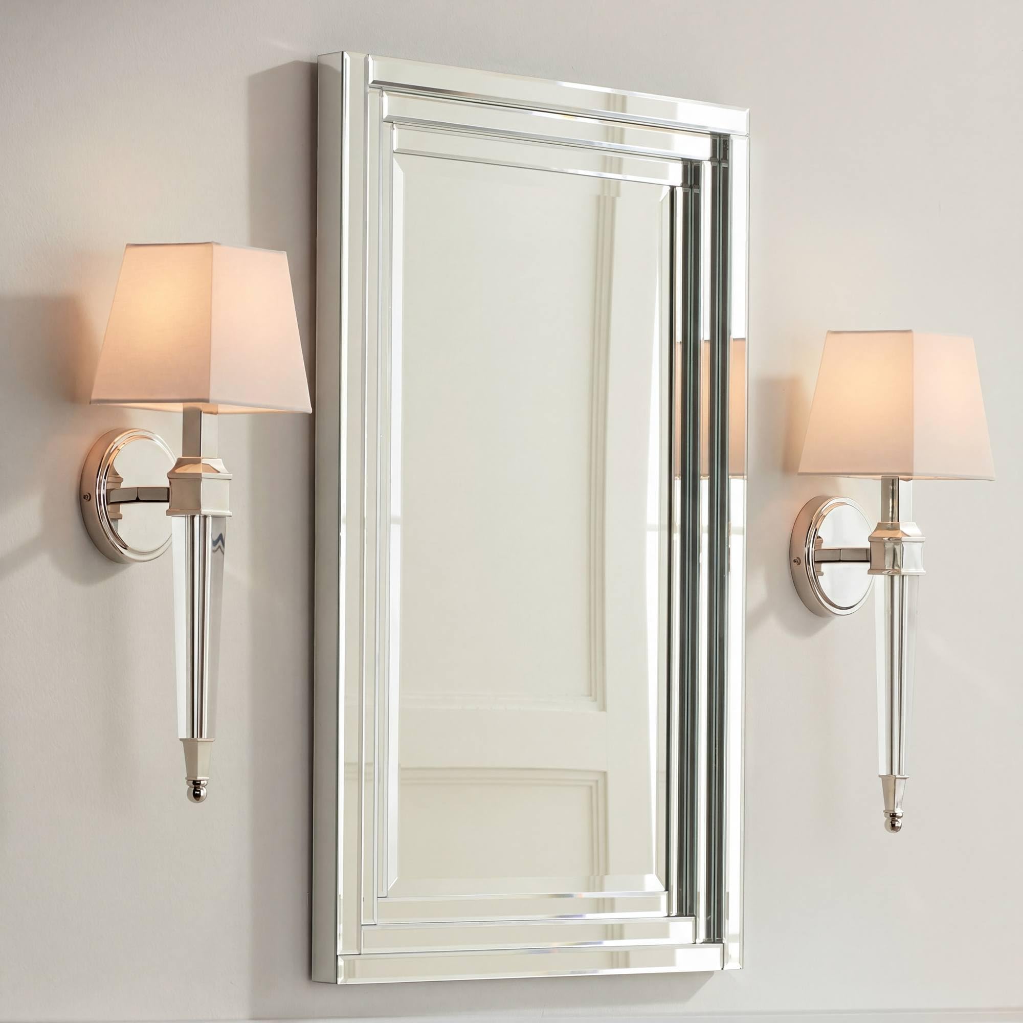Possini Euro Design Irene Modern Wall Light Sconces Set of 2 Polished Nickel Silver Hardwired 6 Fixture White Fabric Square Shad