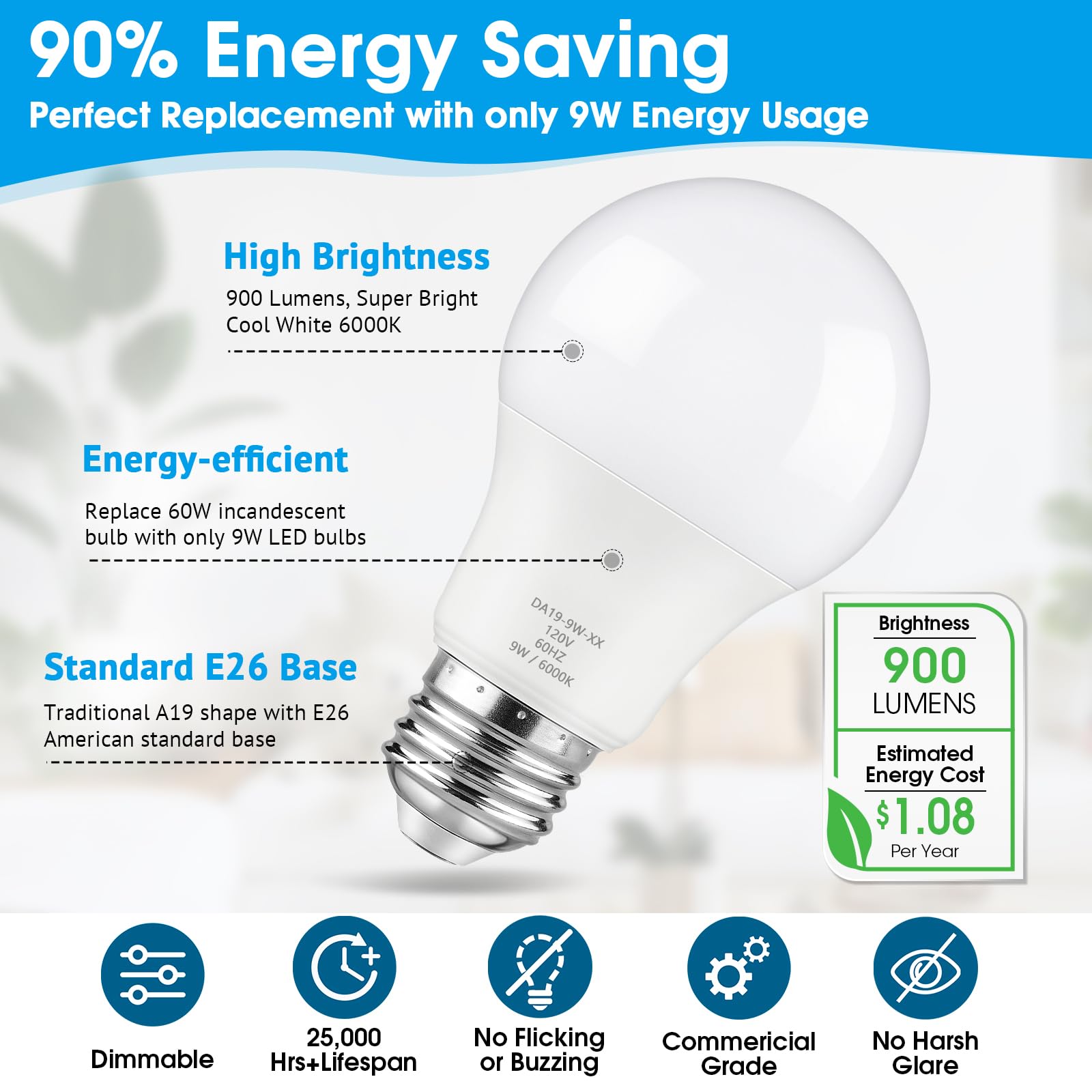 Maylaywood A19 Led Light Bulbs, 60 Watt Equivalent, Cool White 6000K, 900Lm, E26 Base, Dimmable, 9W Bright White Led Bulb, 12-Pa