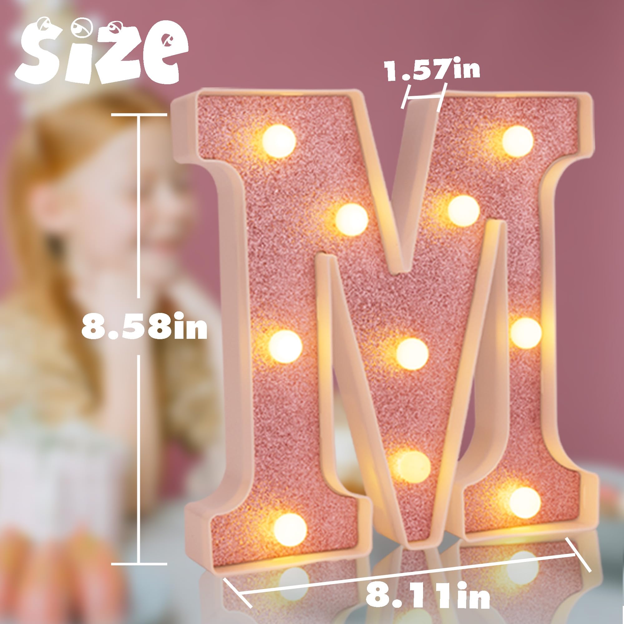 DyingSwan Small LED Marquee Letter M, 8.58 Inch Pink Glitter, Battery Powered Plastic Light Up Sign for Party and Decor