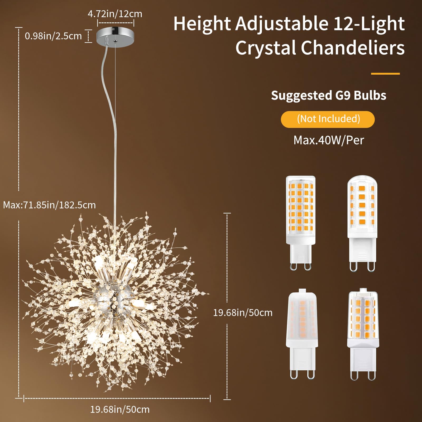 Foucasal 12-Light Crystal Pendant Light Modern Dandelion Sputnik Chandelier Chrome Firework Ceiling Lighting Fixture For Dining