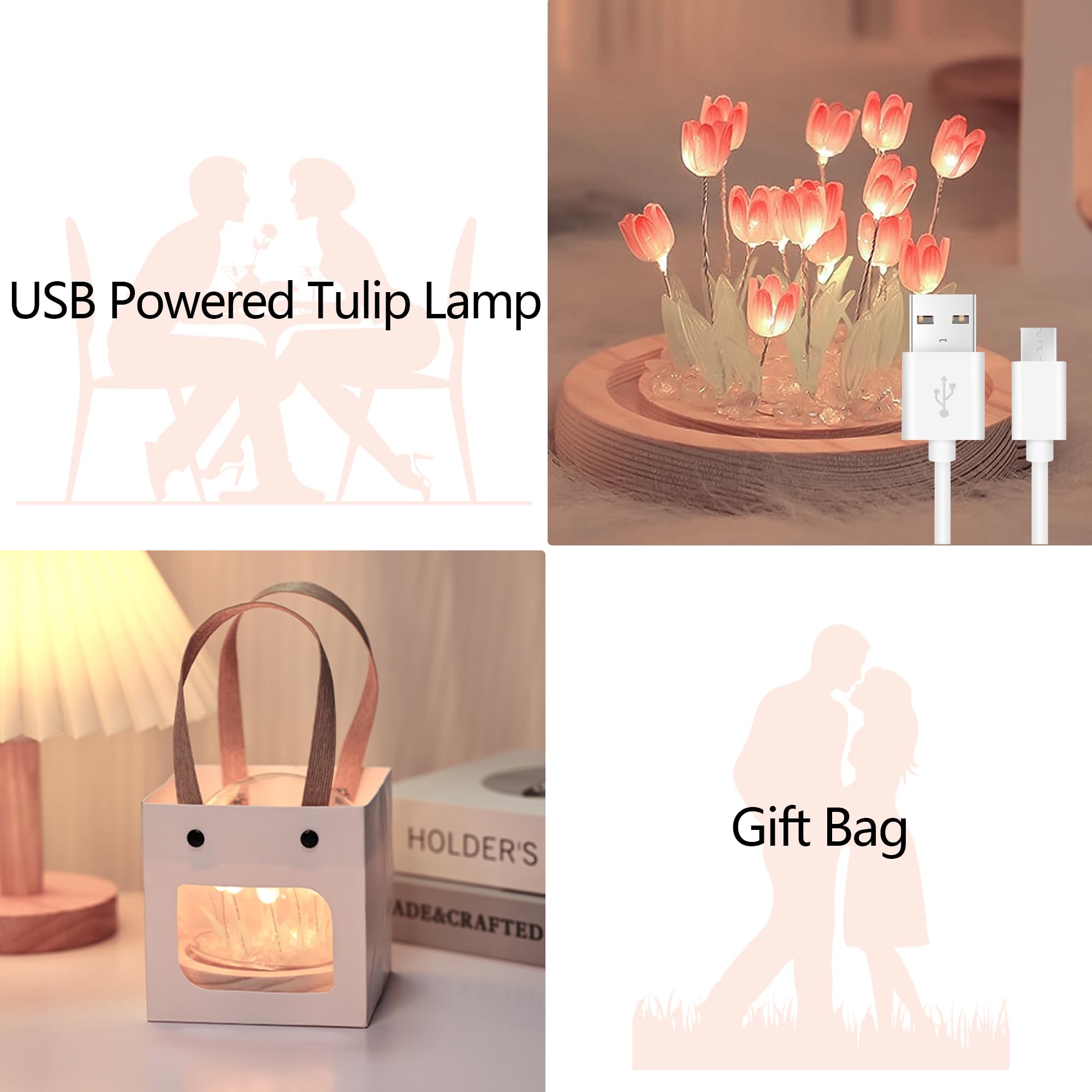 Onxe Birthday Flower Gifts For Mom,Tulips Night Light Small Glass Flower Lamp With Wooden Base For Home Decor Romantic Unique Ch