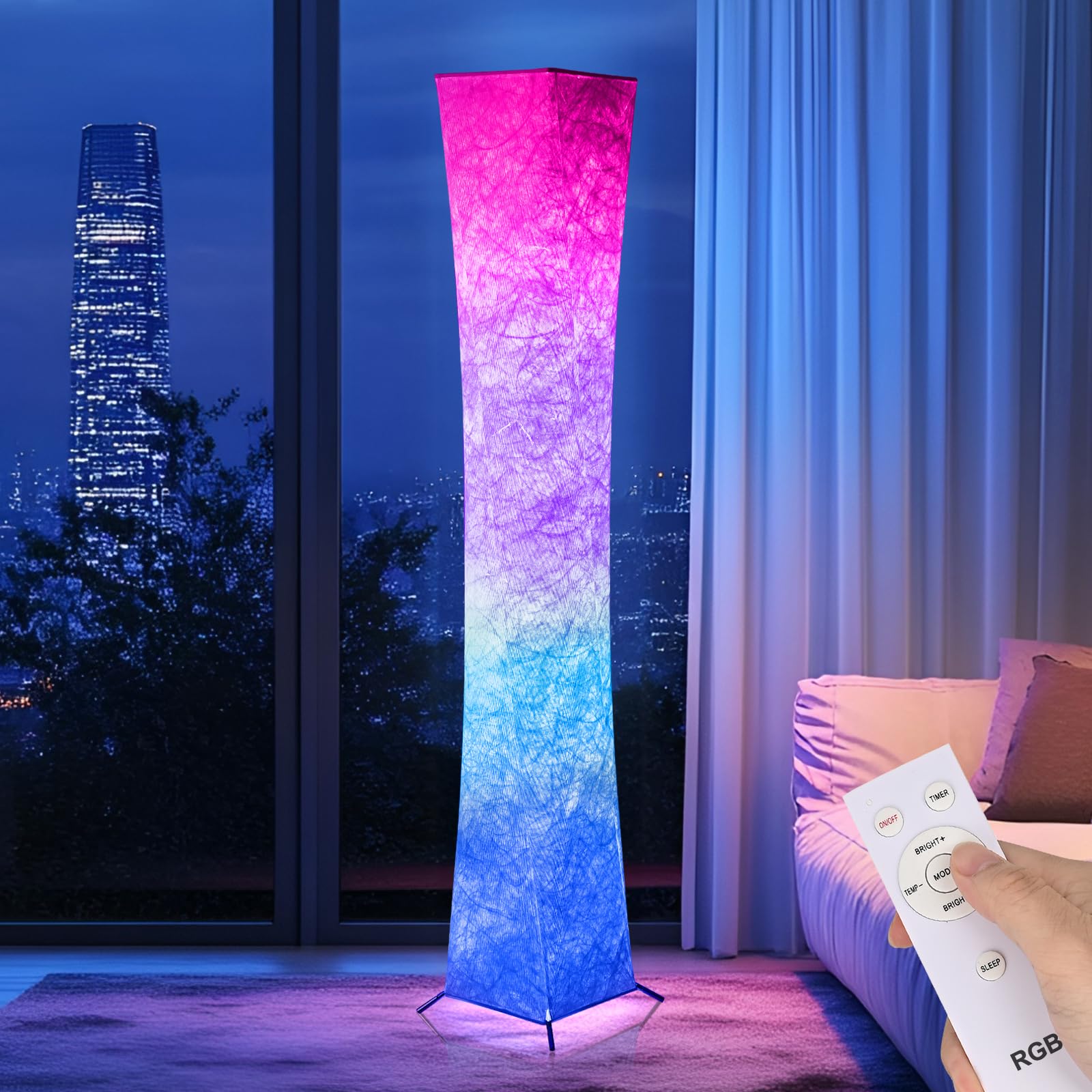 Morden LED Soft Light Floor Lamp, 52 Simple Design Slim RGB 16 Color Changing Tyvek Fabric Shade Dimmable Remote Control Standin