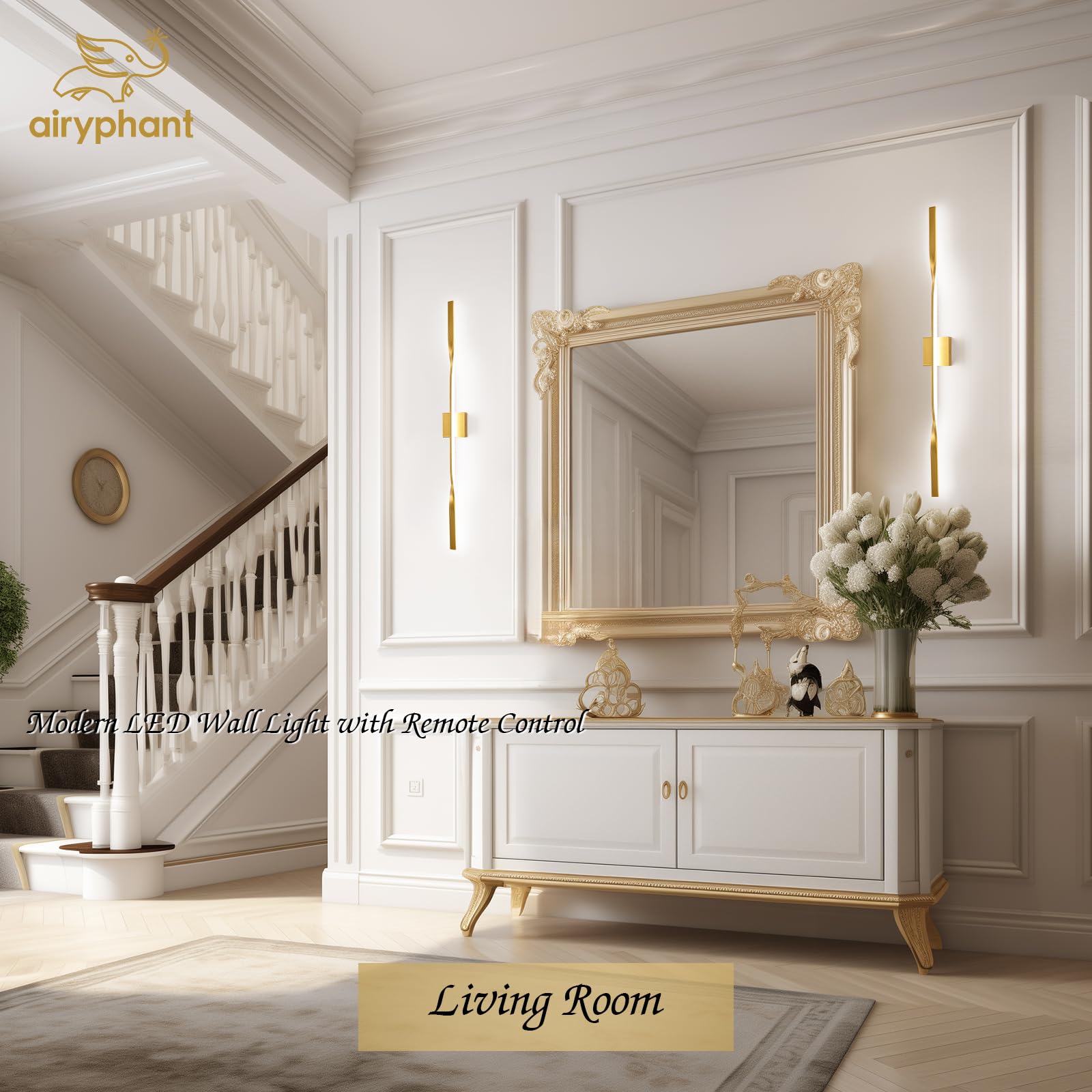 AIRYPHANT LED Vanity Light 48” Dimmable Wall Lamp with Remote Control, Gold, Model W2011-120GDC2, 2 Pack