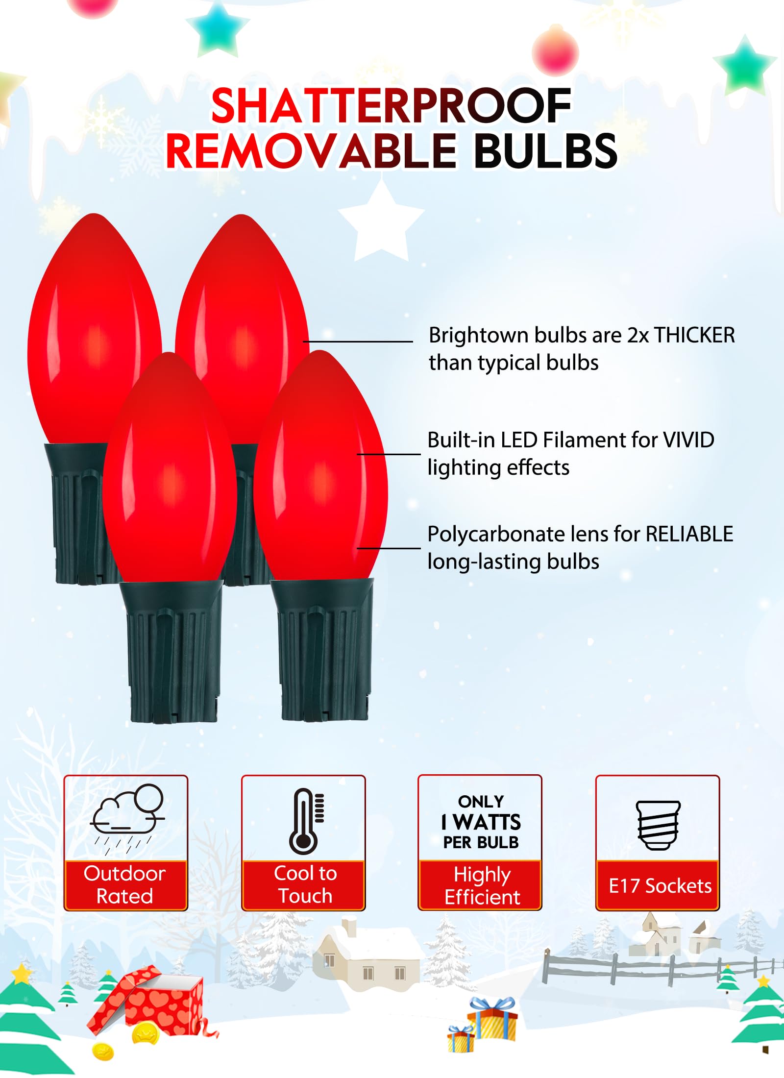 Minetom Vintage C9 LED Christmas Lights, 50FT Outdoor String Lights, 50 Shatterproof Bulbs, Waterproof, Red, Model GYPI-O50LAU