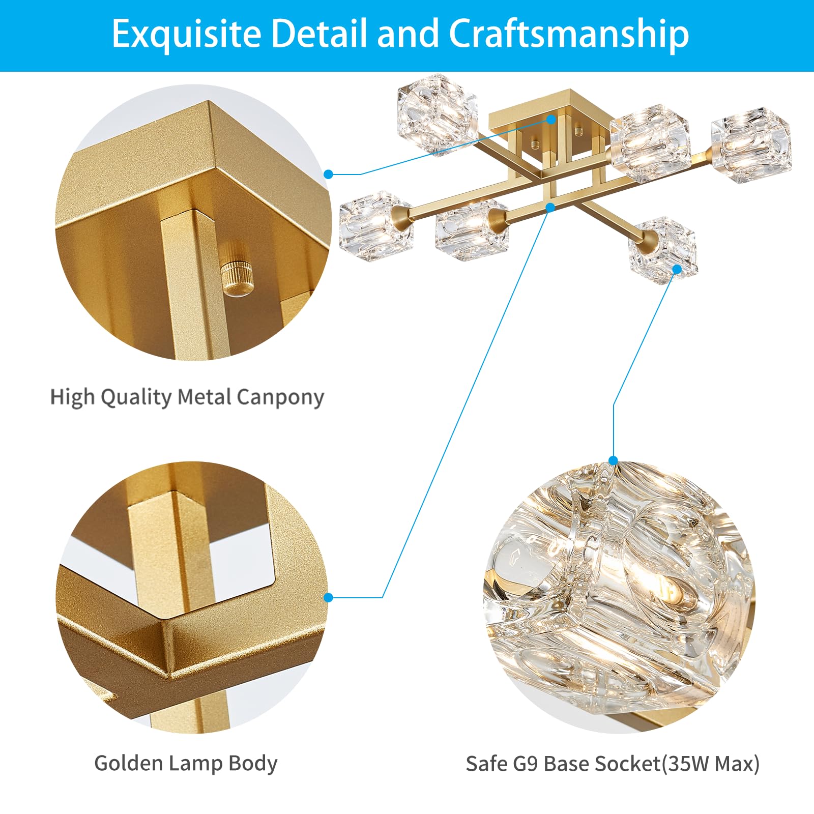 Xingqi Modern Ceiling Light 6 Lights Semi Flush Mount Ceiling Light Fixture, Gold Sputnik Chandeliers Mid Century Industry Light