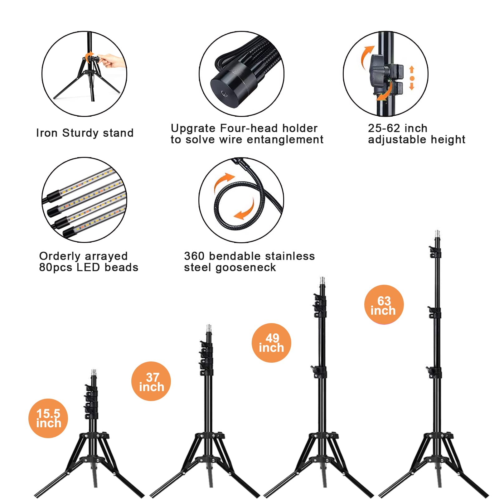 Growstar Plant Grow Light With Stand, 4 Heads Full Spectrum Grow Lamps With 15-63&quot; Adjustable Tripod Stand, 4/8/12H Timer, 3 Switch Modes, Indoor Plant Light With Remote Control