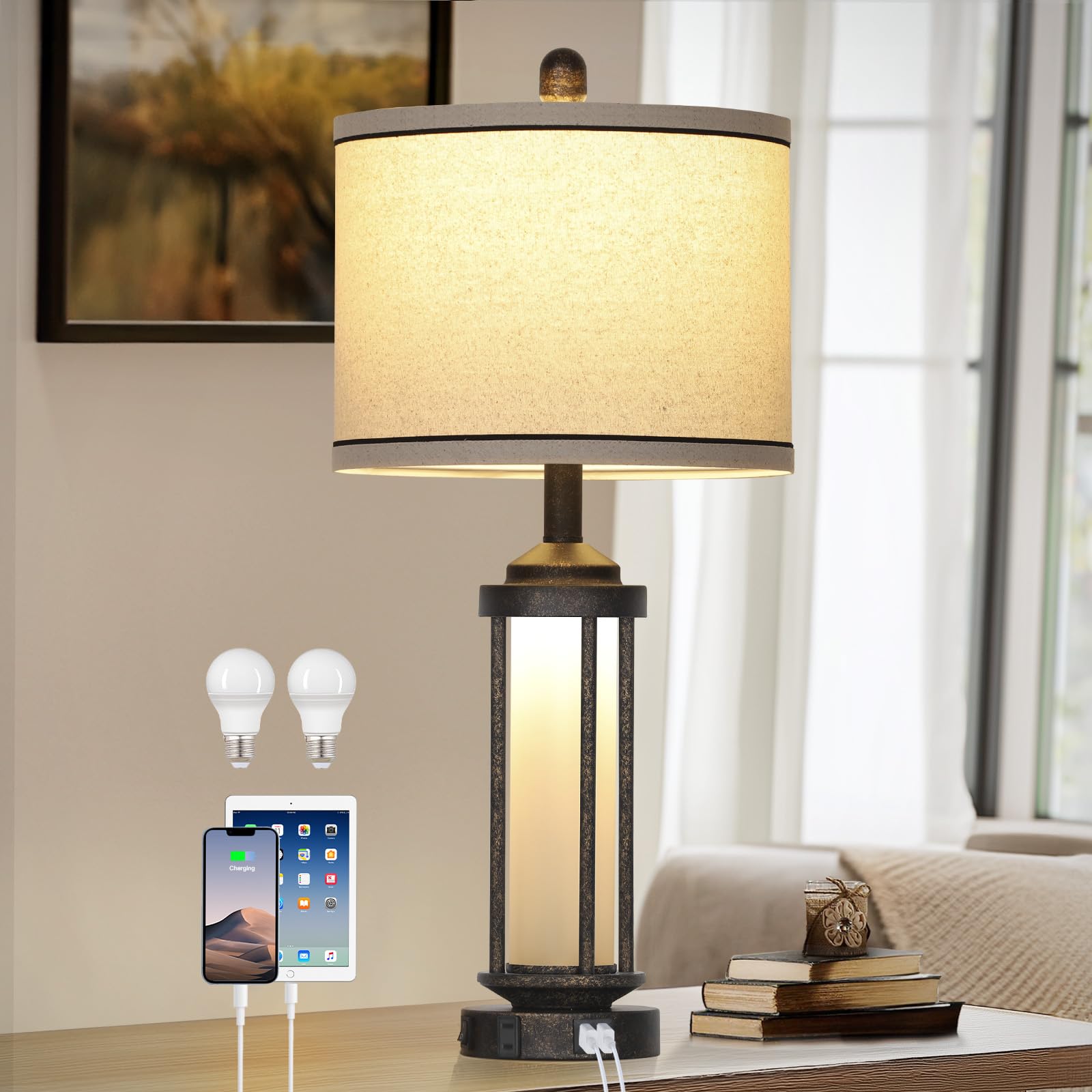 Rinweey Farmhouse Table Lamp, 27'' Vintage Rustic Retro Beside Lamp with USB A+C Charging Ports & AC Outlet, Industrial Modern L