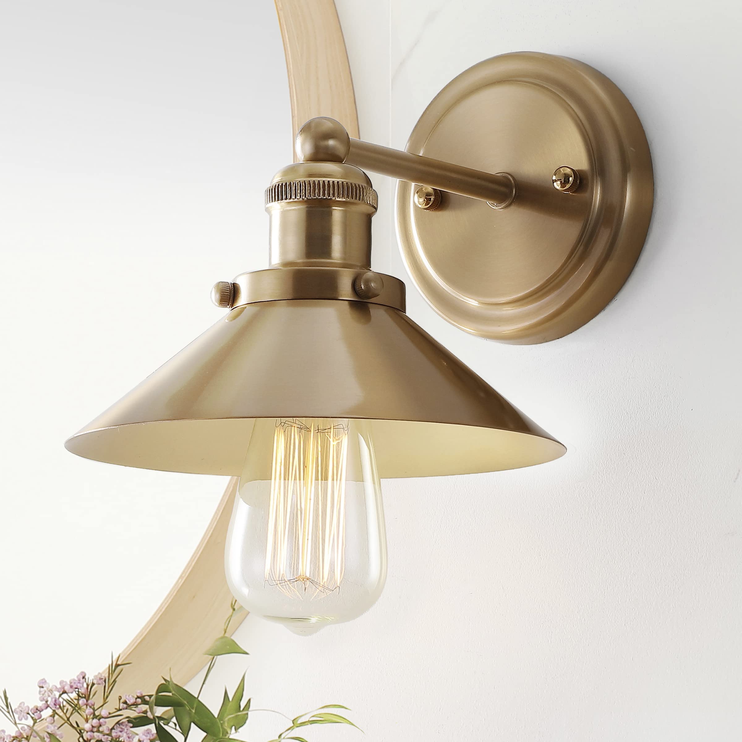 JONATHAN Y Farmhouse Sconce 1-Light Metal Shade, Brass Gold, Model JYL7429A, Includes 2200K Edison Bulb, Ideal for Bedroom, Living Room,