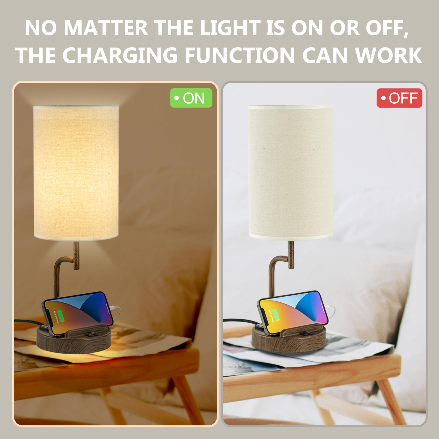 Dreamholder Table Lamp with 3 USB Ports, AC Outlet, Phone Stands, Pack of 2, Walnut, Model DH9099