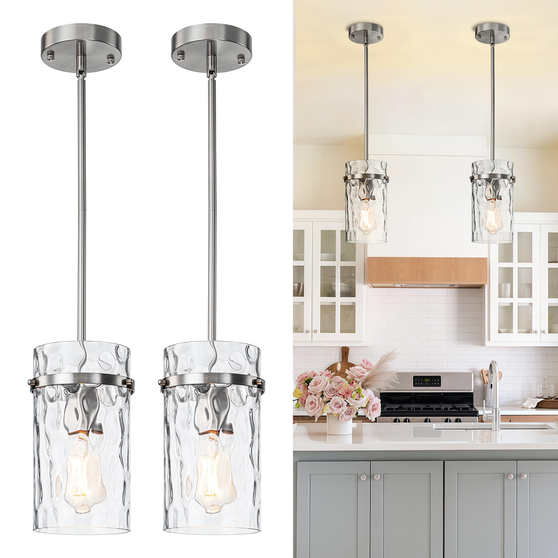 JIMKIGTO 5.5 Brush Nickel Hammered Glass Pendant Light Fixtures  Brushed Nickel Pendant Lights Kitchen Island  Modern Kitchen Island Light Dining Room Light Farmhouse Island Lights Sink 2 Pack