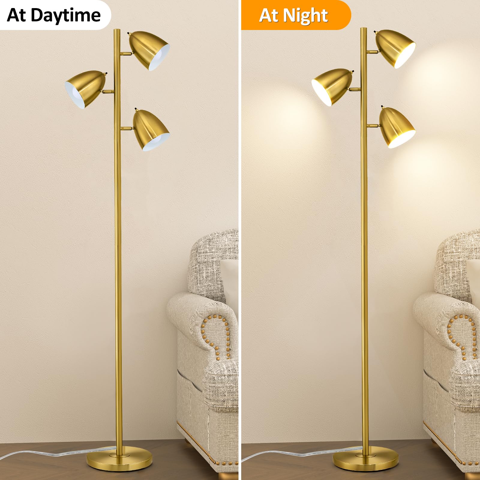 CNXIN Tree Floor Lamp with 3 Light Bulbs Standing Tall Pole Lamps with Adjustable Metal Heads 65 Reading Stand up Lamps with E26