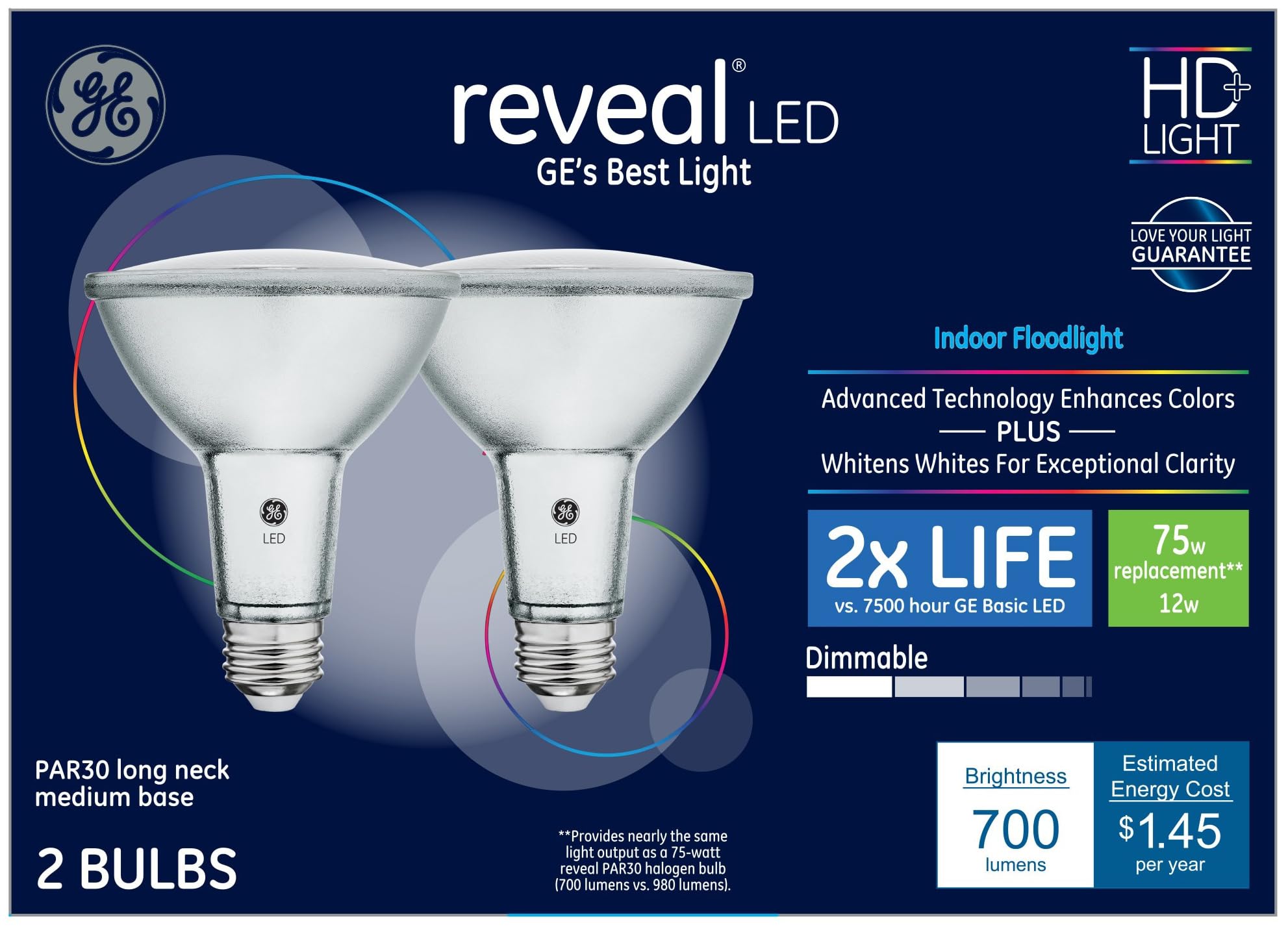 GE Reveal 2-Pack 75 W Equivalent Dimmable Flood Color-Enhancing Par30 Longneck LED Light Fixture Light Bulbs