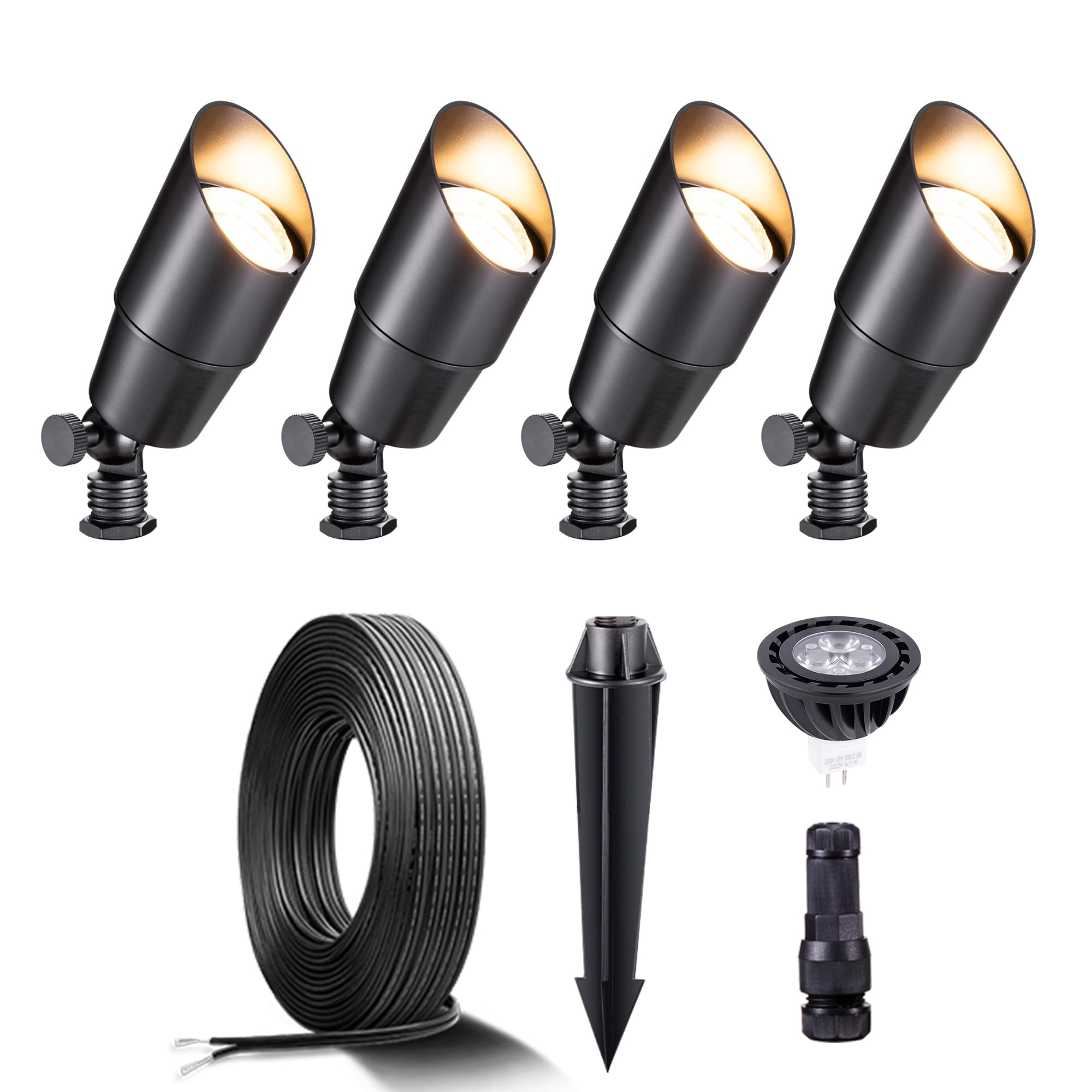 Gardenreet Black Brass Landscape Lighting Kit (4-Pack LED Spotlights) with 100 Feet Cable and 20Pack Wire Connectors for Outdoor