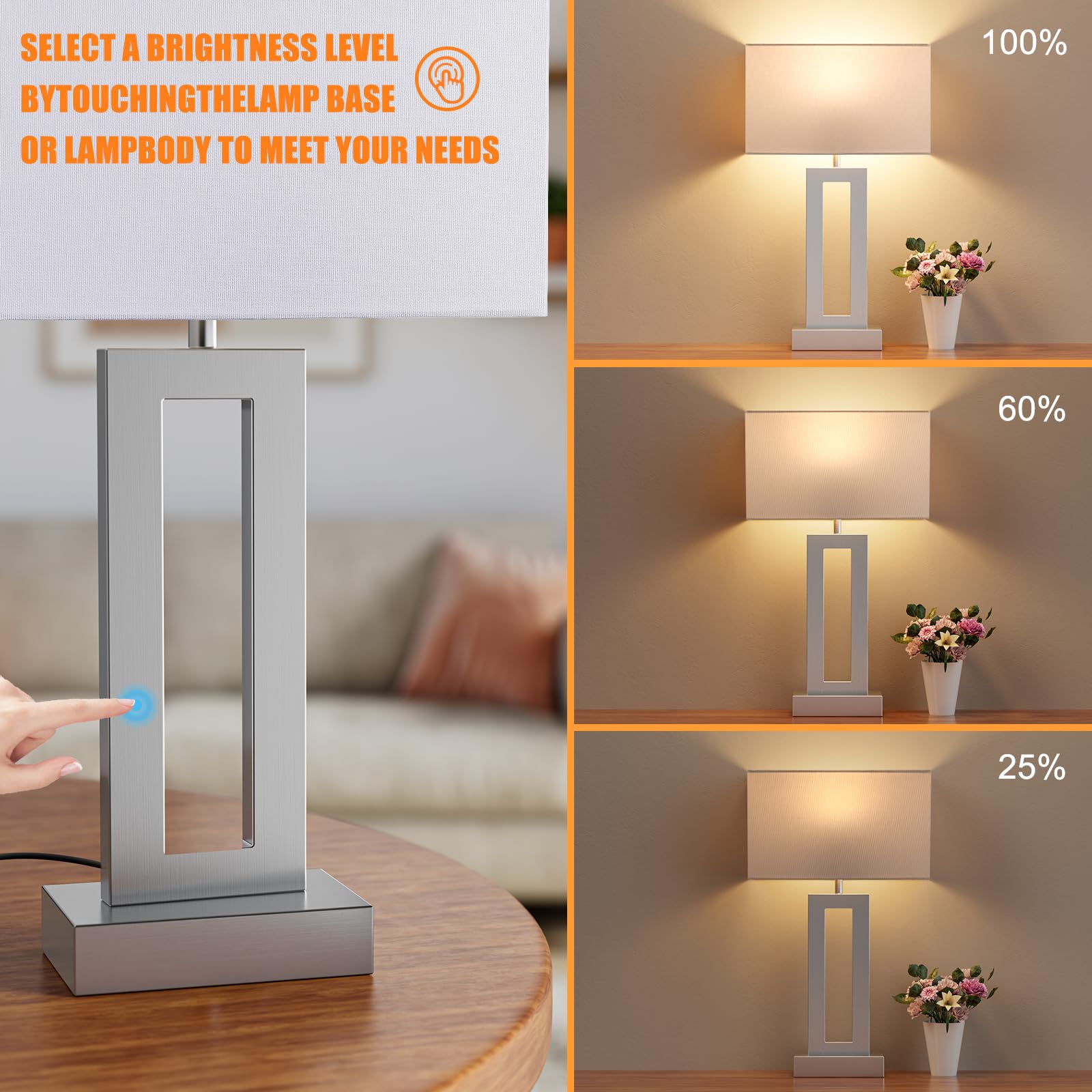 Seealle Nightstand Table Lamps Set of 2 - Touch Control, 3-Way Dimmable, Medium Size, White & Silver, Model 04072
