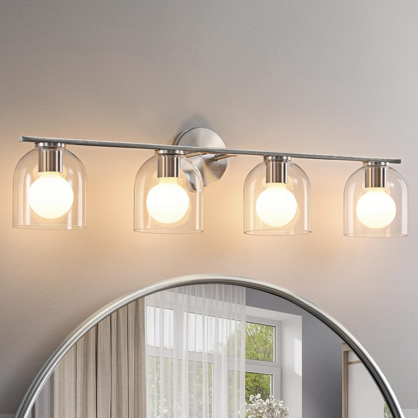 Woshitu Modern Brushed Nickel Bathroom Vanity Lights: 32.3 Inch Over Mirror, 4-Light Fixture With Clear Glass Shade