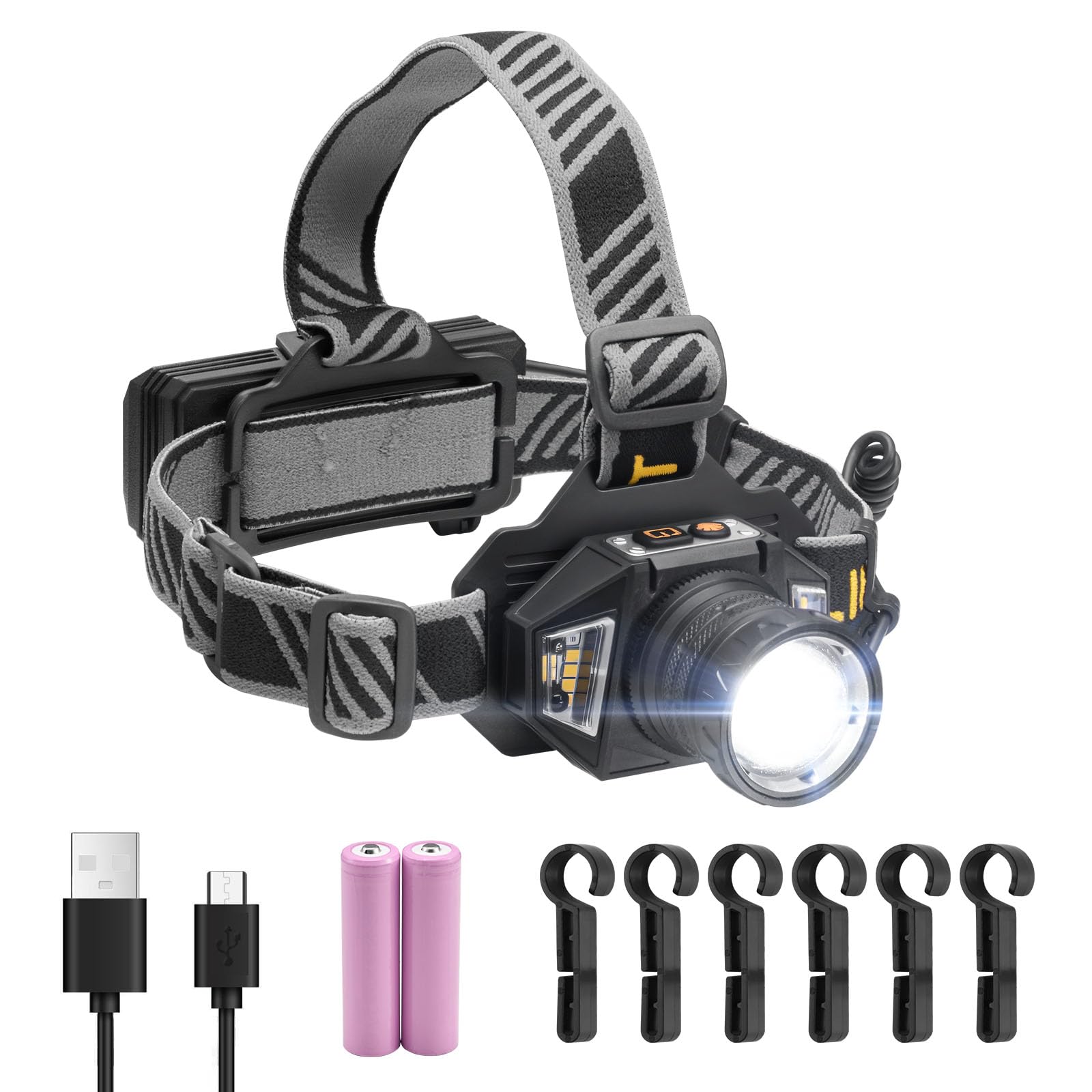 VEVOR Headlamp, Bright LED Rechargeable Headlight, Lightweight Head Flashlight with 16 Lighting Modes, Adjustable Headband & 90