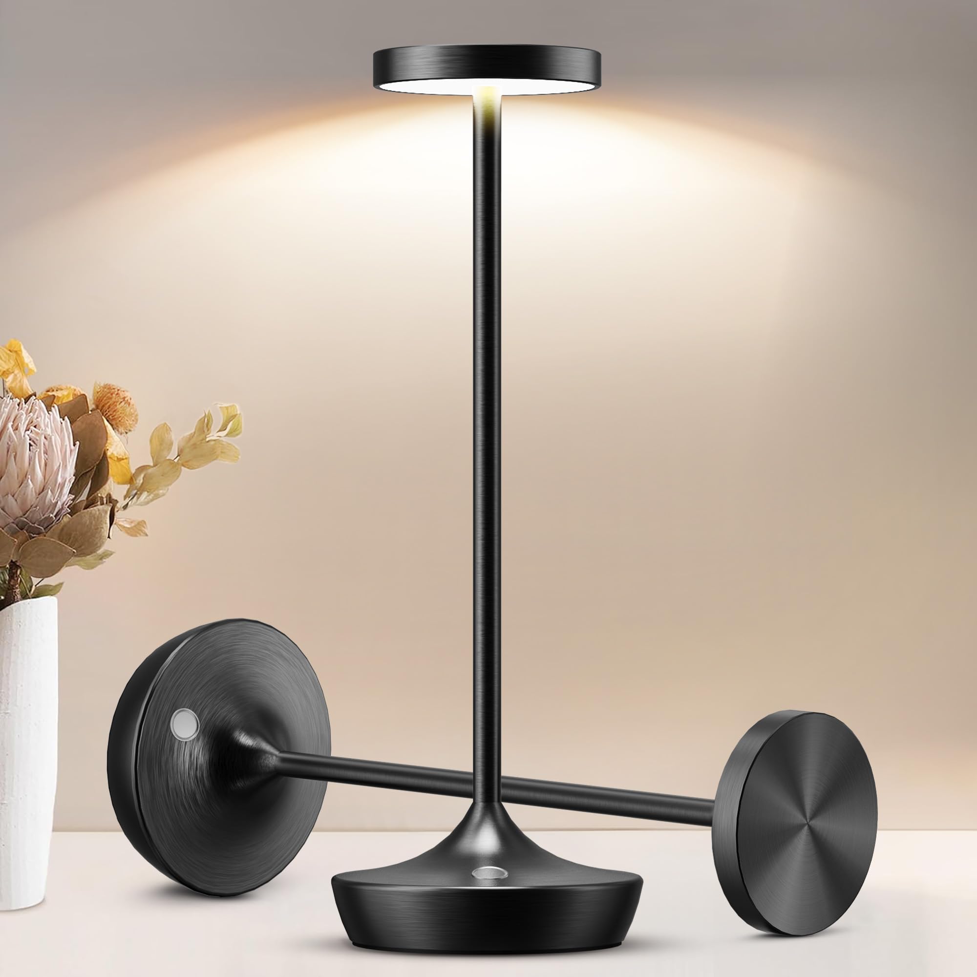 Tpczqj 2 Pack LED Cordless Rechargeable Table Lamp - Waterproof, Touch Light, 3 Color Dimming, Black