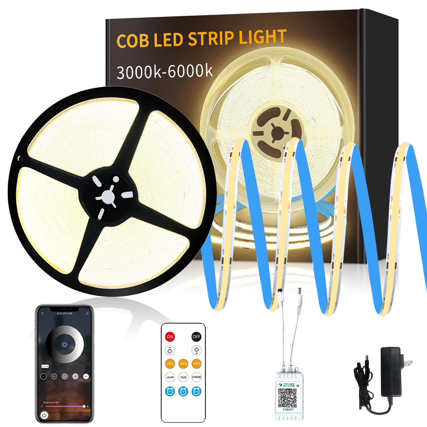 Yeewhale 50 Ft Cob Led Strip Lights 3000K Warm White Dimmable Dc 24V Flexible Led Tape Light For Bedroom, With Remote And App Control Led Light Strip,For Diy Home Decoration