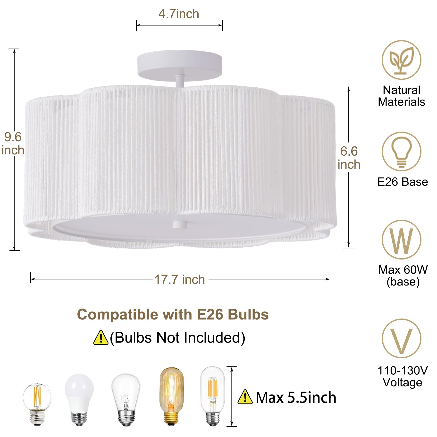 Giutna 17.7" Rattan Flush Mount Ceiling Light, 3-Light Boho Fixture, White, Model FLOWERLIGHT07