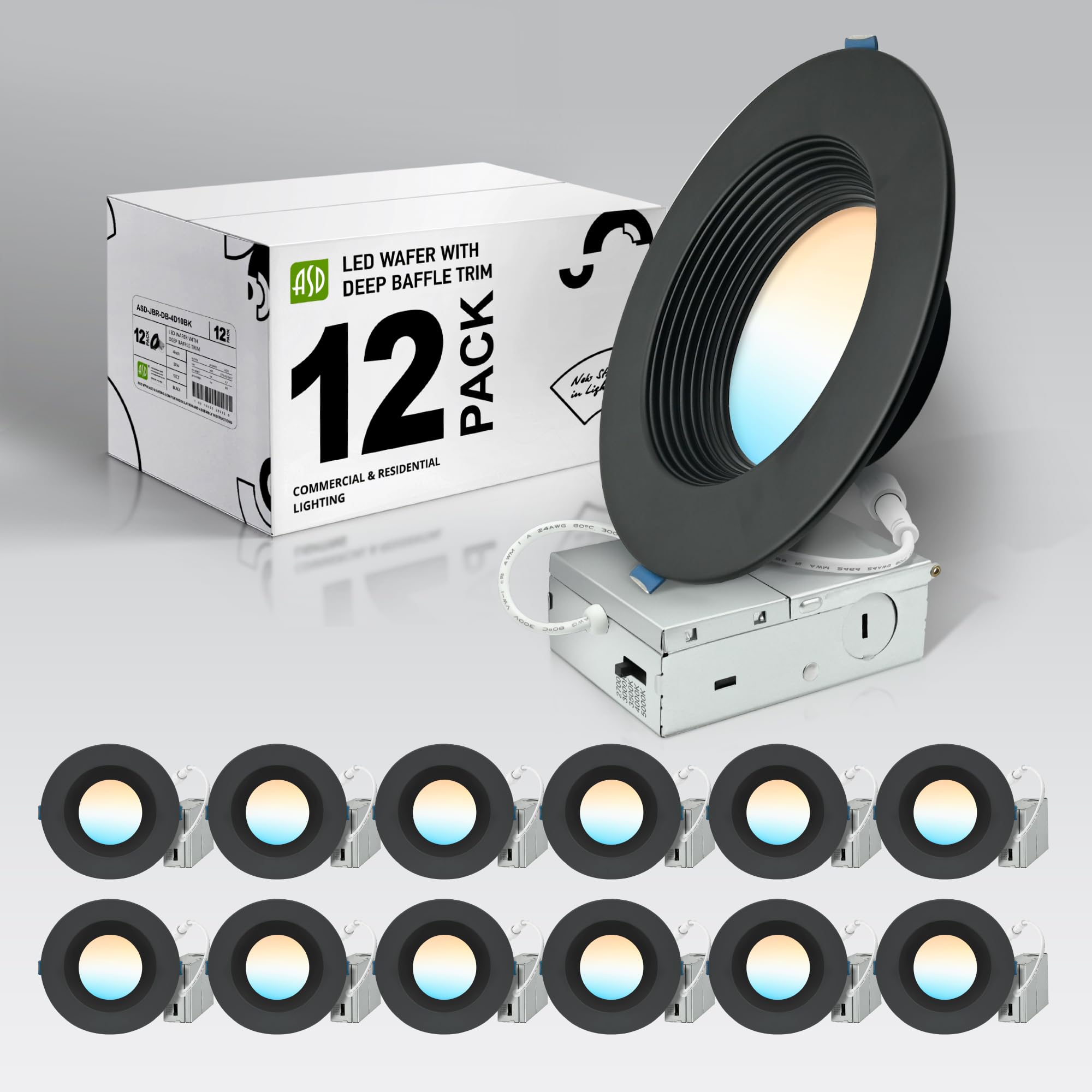 ASD 12 Pack Deep Regressed Baffle Trim Recessed Light, LED Wafer Lights 6 Inch 15W 1325LM, 5CCT 2700K-5000K CRI90+, Dimmable Dow