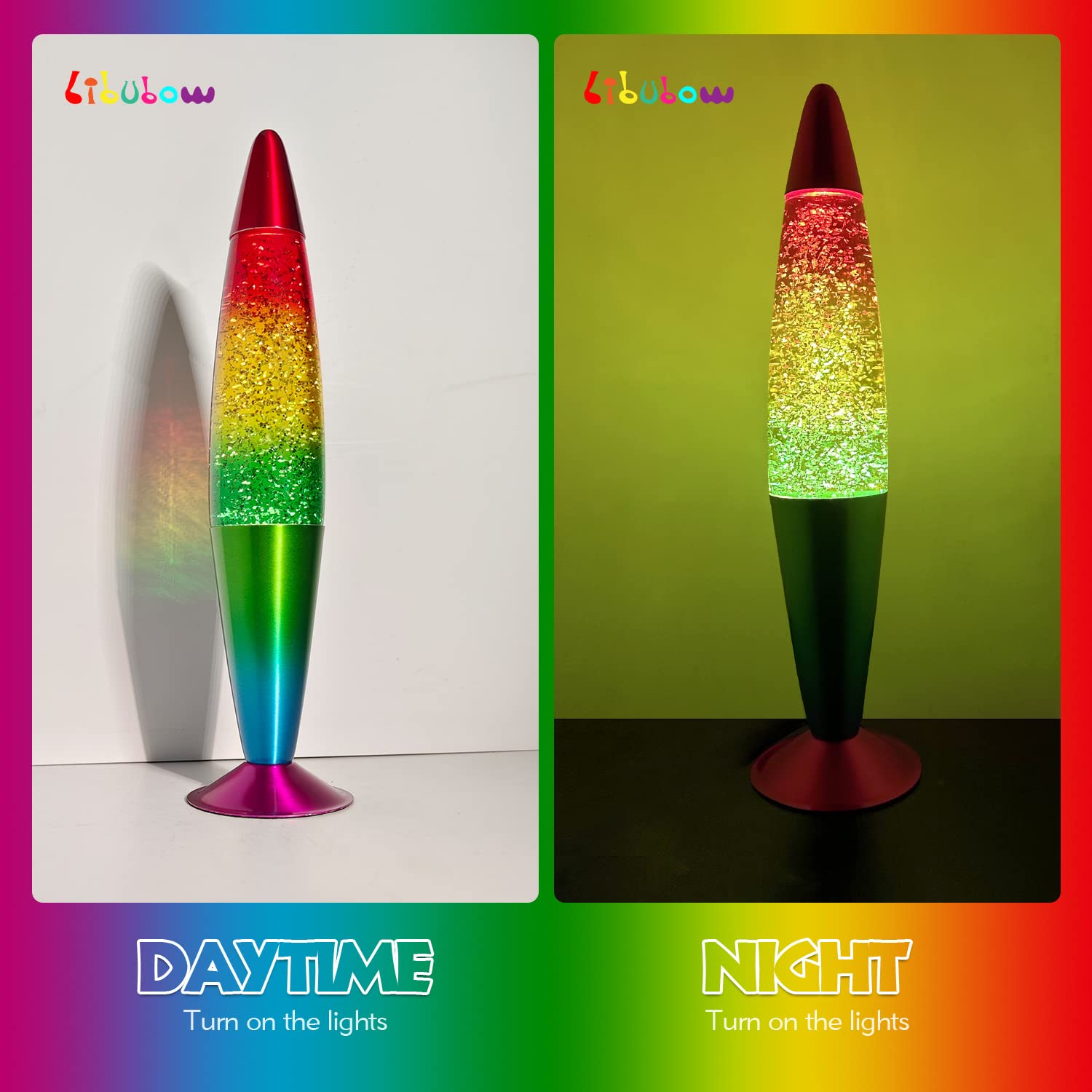 16 Inch Rainbow Glitter Lamp, 2 Bulbs,Sparkle Lamp Night Light, Relaxing Nightlight Mood Lamp Home Decor Room Office Bedroom Lam