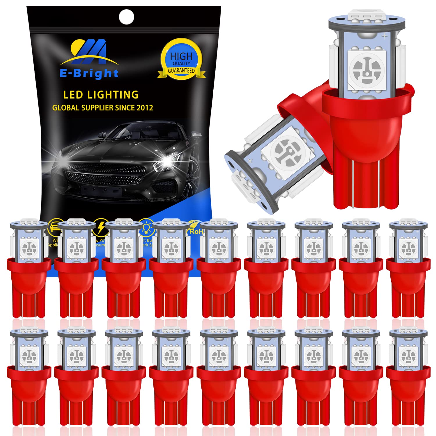 YM E-Bright 20-Pack LED Bulbs T10 194 168 2825 5050 5-SMD 24V Red for Car Interior Lights