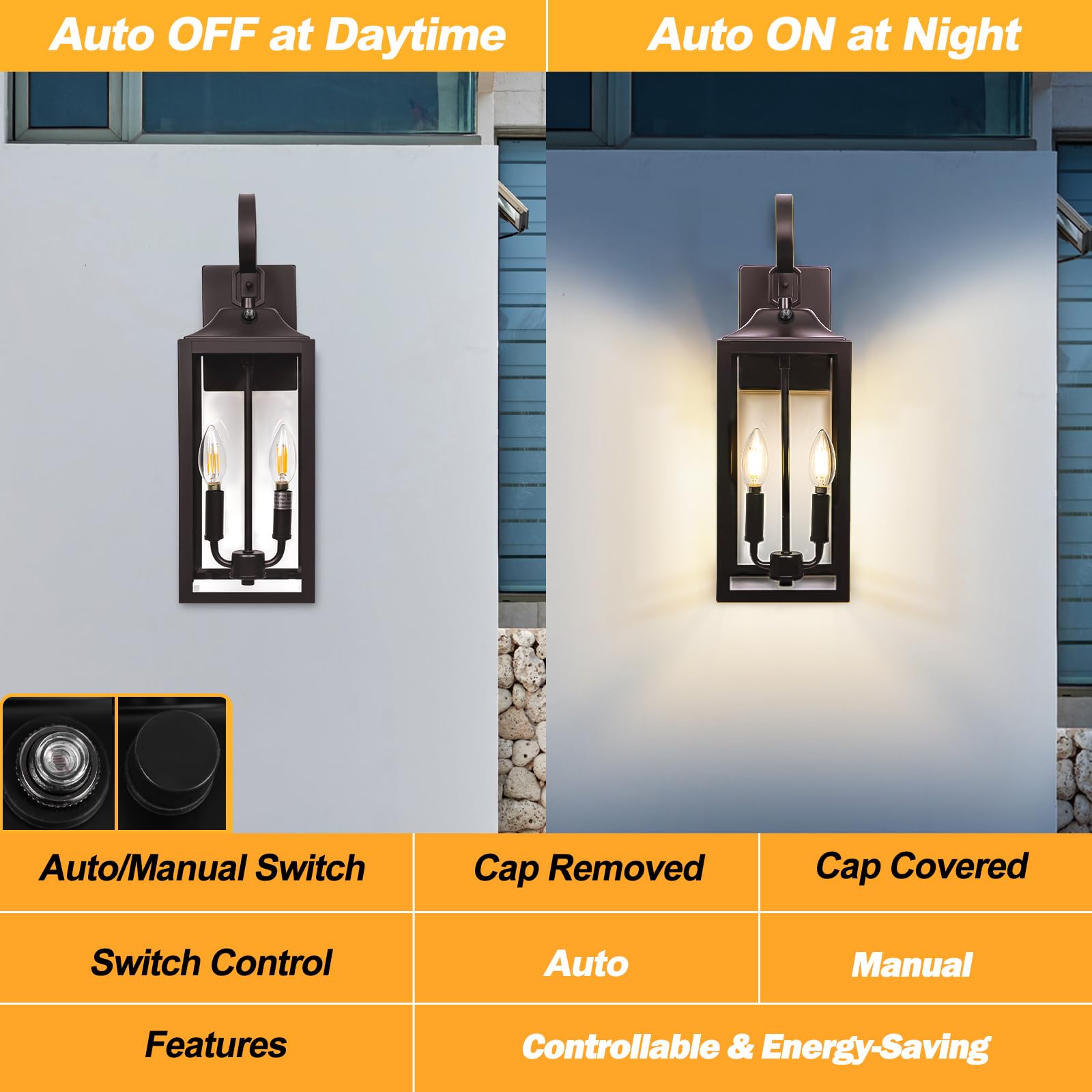 Yolsunes Outdoor Wall Lighting - 19" Bronze Dusk to Dawn Sconce, Waterproof 2-Light Industrial Porch Lamp, Model AFC6405A-25B2