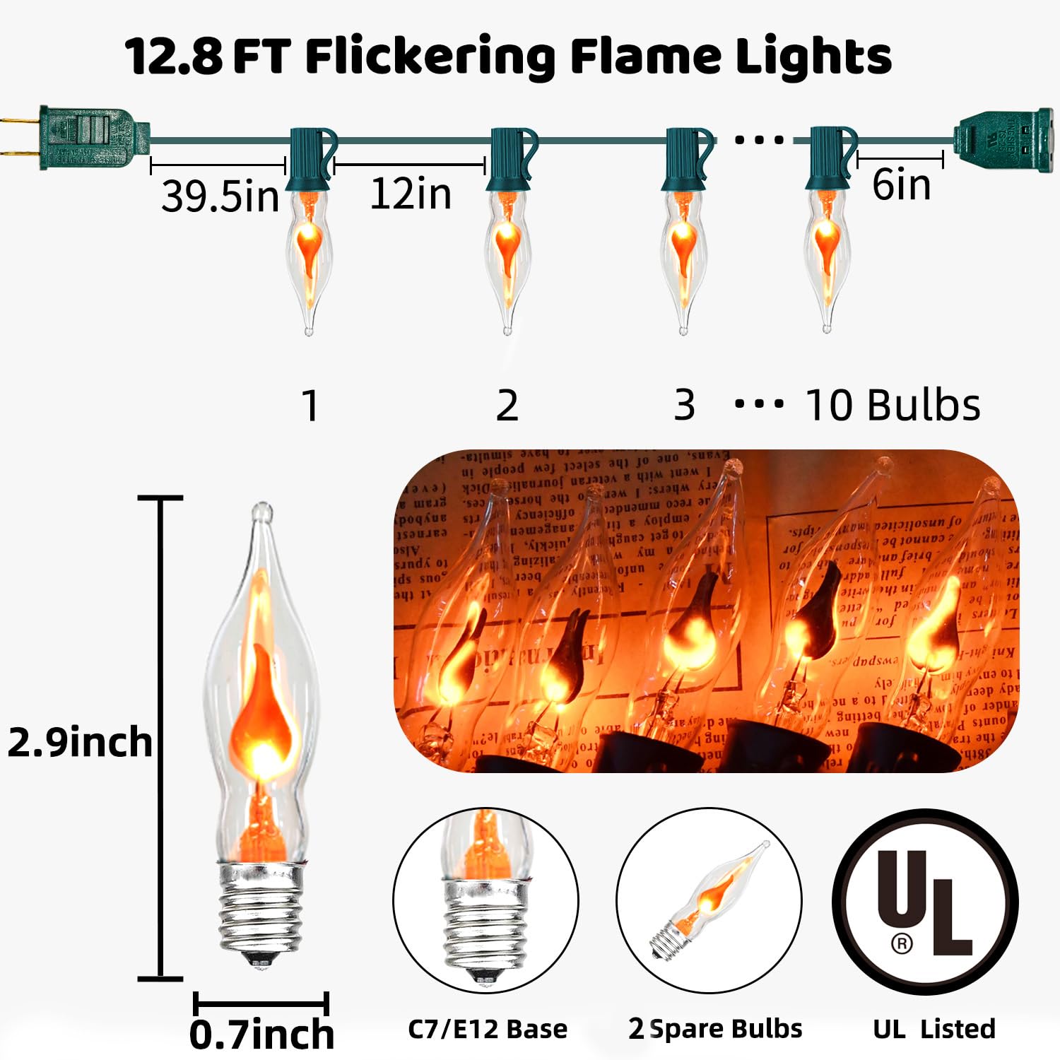Glowzy 12.8Ft C7 Christmas Lights Flickering Flame String Lights With 12 Pack Clear Flame E12 Light Bulbs(2 Spare), Great For Christmas Decorations Indoor Outdoor Home Patio Party Lights, Green Wire