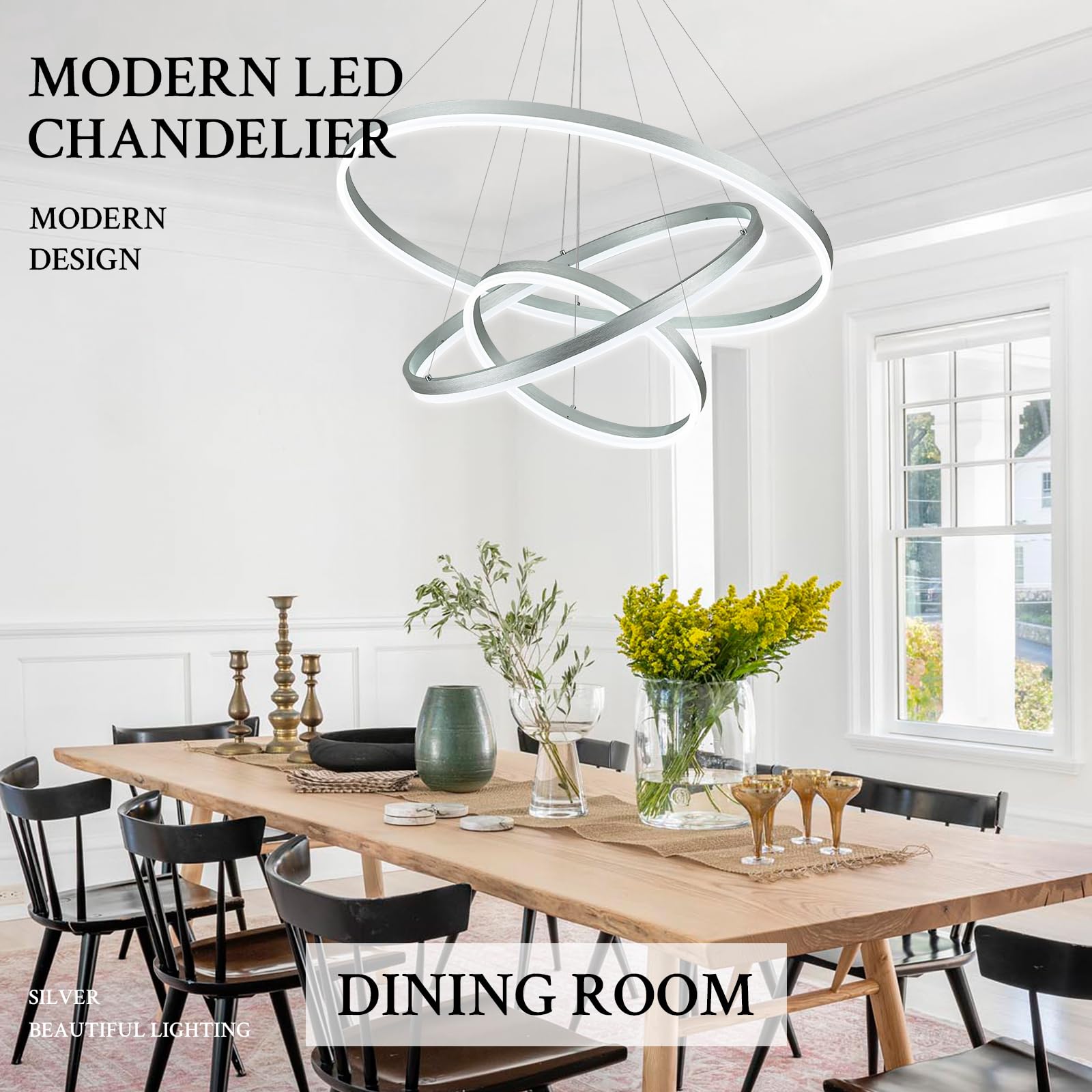 Sparklelf Modern LED Chandelier, Dimmable Pendant Light, 3 Rings, 31.5in, Silver, Model SE-P60-3SDC1, Remote Control, 300