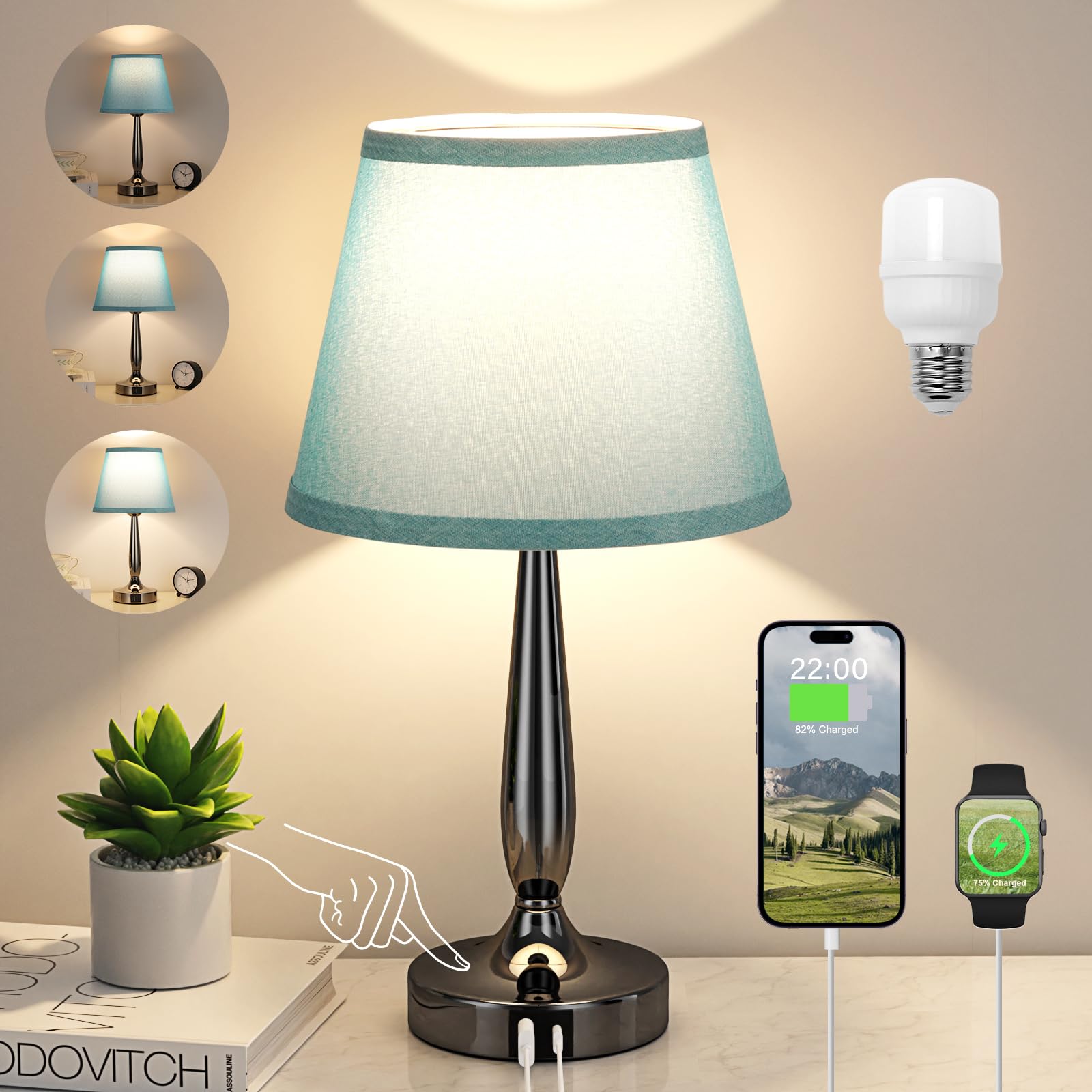 Touch Bedside Lamp for Bedroom with USB C Port, Small Touch Table Lamp with 2 USB Charging Ports, 3 Way Dimmable Nightstand Lamp