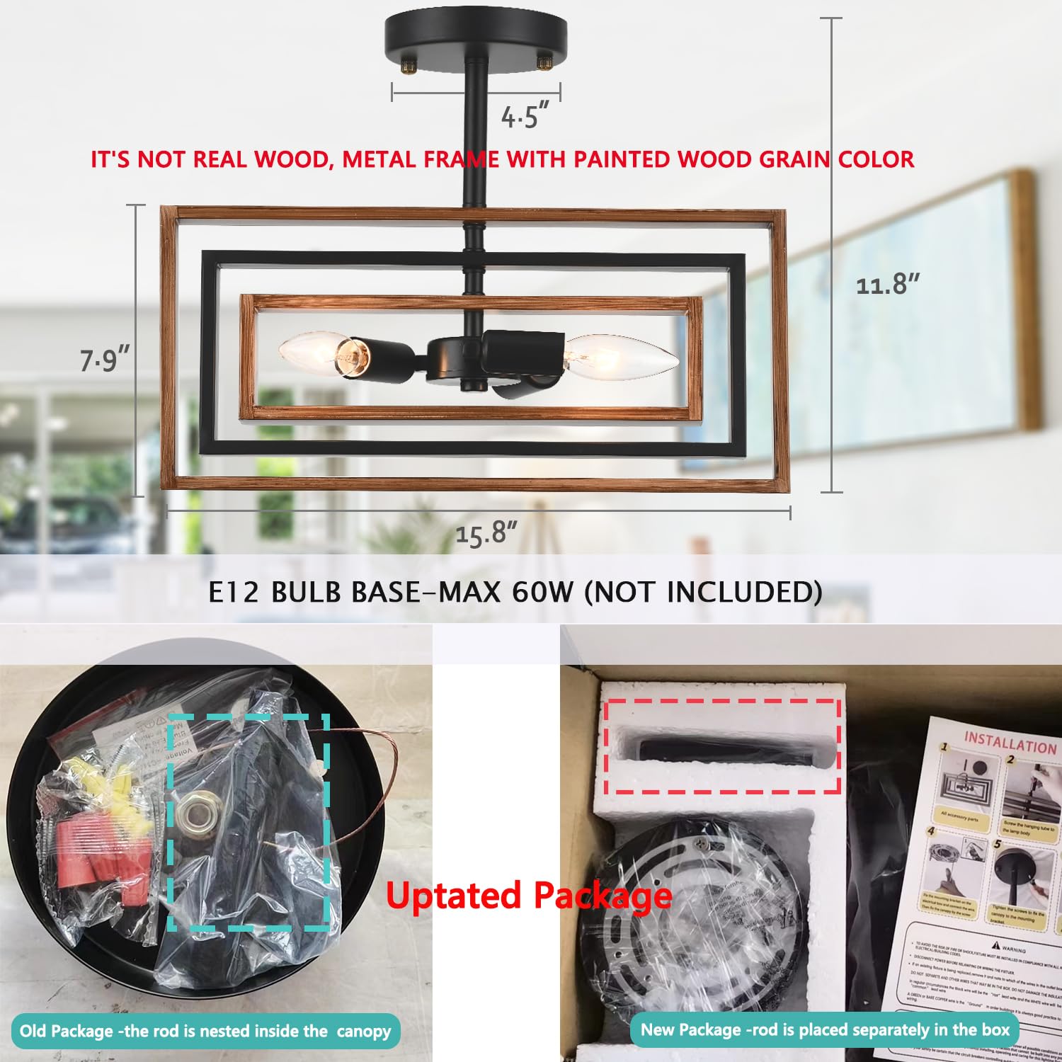 Capslpad Industrial Rectangle Ceiling Light Rustic Retro Farmhouse Rotatable Flush Mount Ceiling Light Fixture for Kitchen Dinin