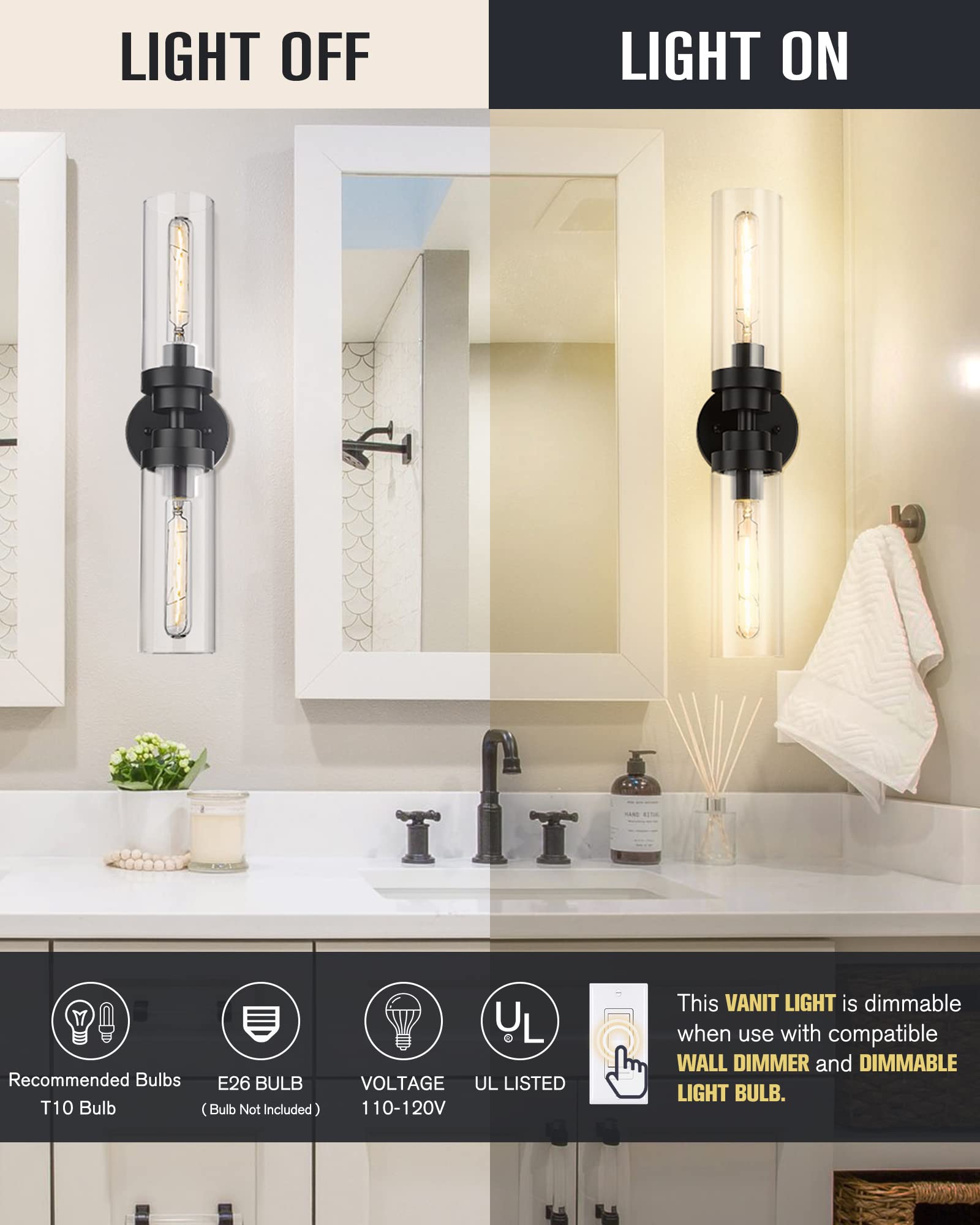 Emak 22 Inch Black Bathroom Light Fixtures, 2-Light Vanity Light with Clear Glass Shade, Metal, VL085-BKL-2-2PK, Matte Black - 2PC