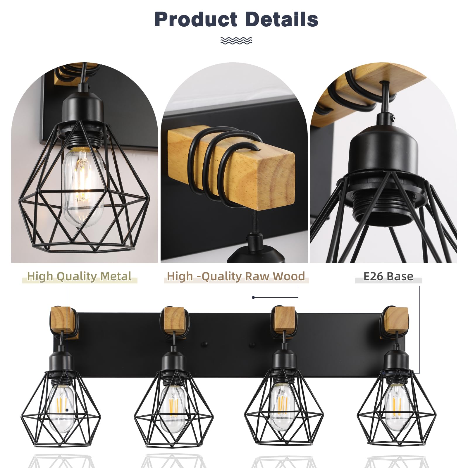 4-Light Farmhouse Bathroom Vanity Light Fixtures, Wood Bathroom Light Fixtures Over Mirror, Rustic Sconces Wall Lighting With Elegant Metal Lampshade For Living Room, Bedroom, Hallway