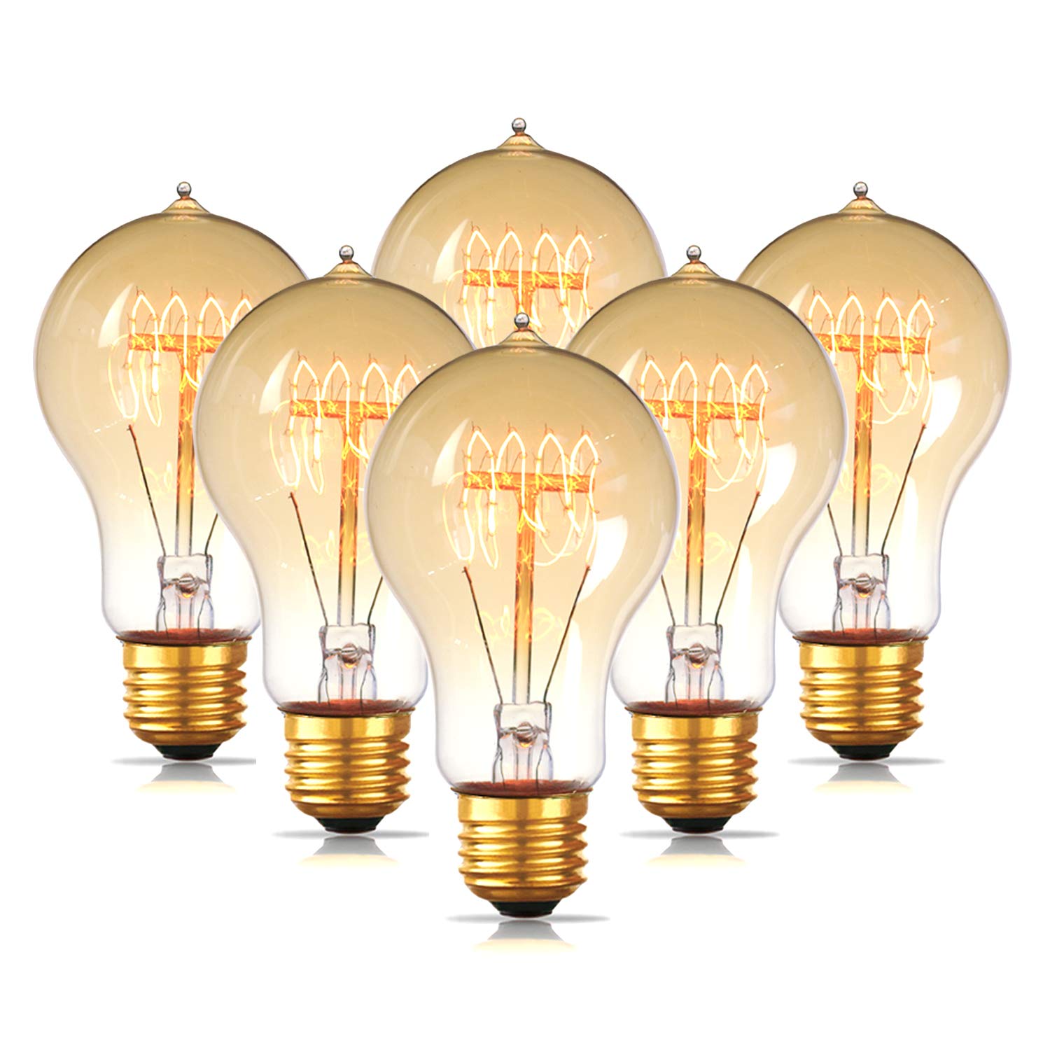 Jslinter Edison Light Bulbs 60 Watt Dimmable A19 Antique Vintage E26 Glass 6-Pack Amber Warm White