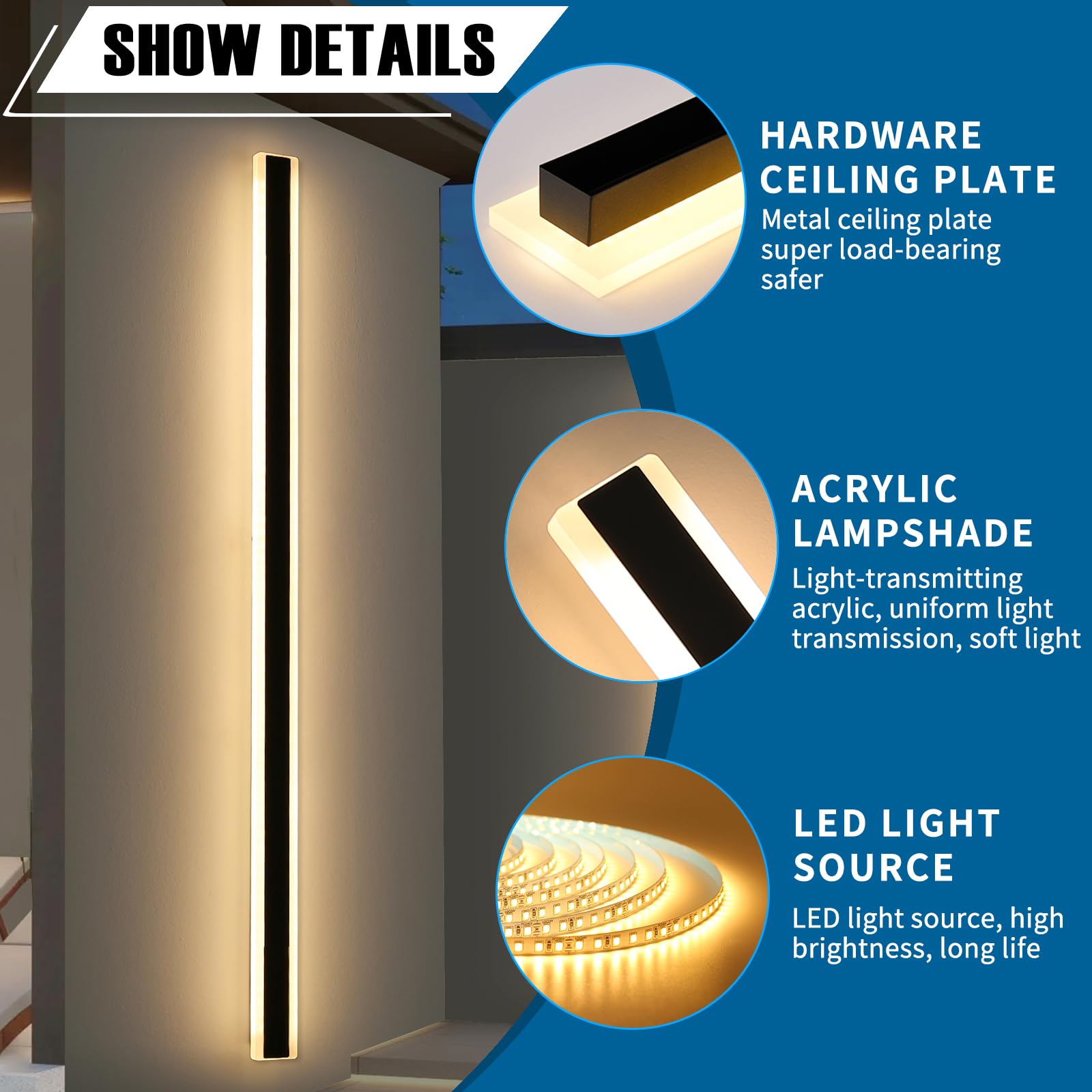 Daoseolo 2 Pack Modern Outdoor Wall Light, 71inch LED Dimmable 3000K-6000K, IP65 Waterproof, Acrylic, Remote Control