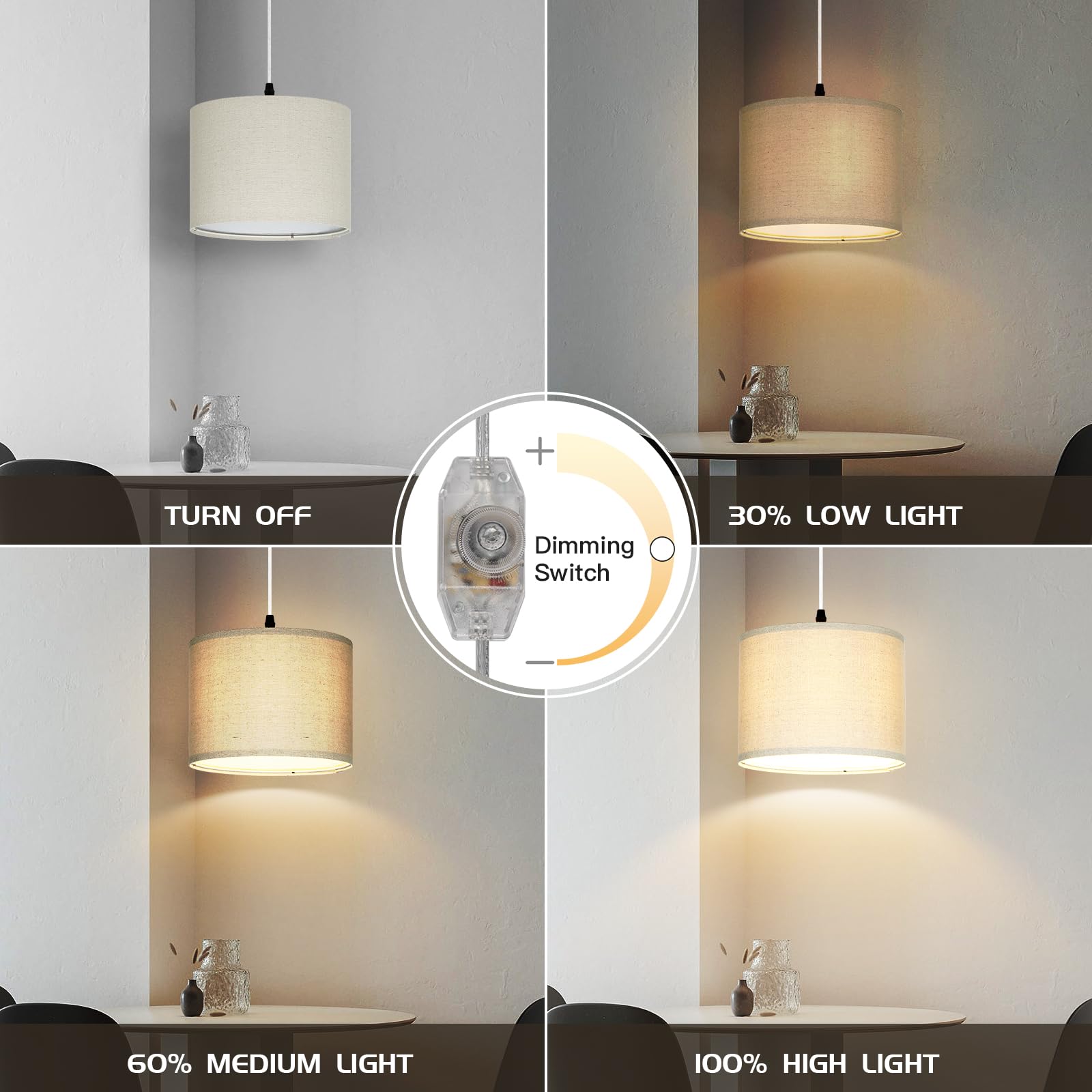 Cinsary Plug In Pendant Light, Hanging Light With Plug In Cord With Dimmable Switch, Hanging Lamp With 15 Ft Clear Cord, Linen P