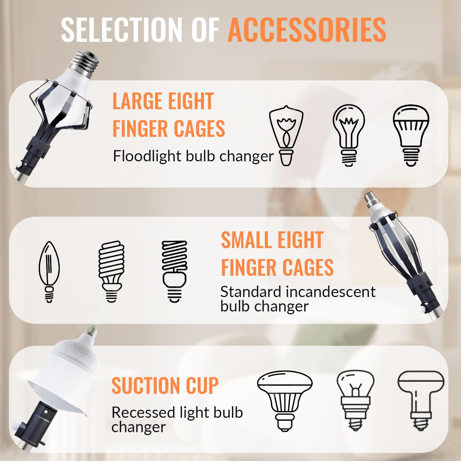 Generic Light Bulb Changer - 26FT Telescopic Extension Pole, Aluminum, Orange, Model BC-RCHLC-001, Ideal for High Ceilings and Recessed Lights