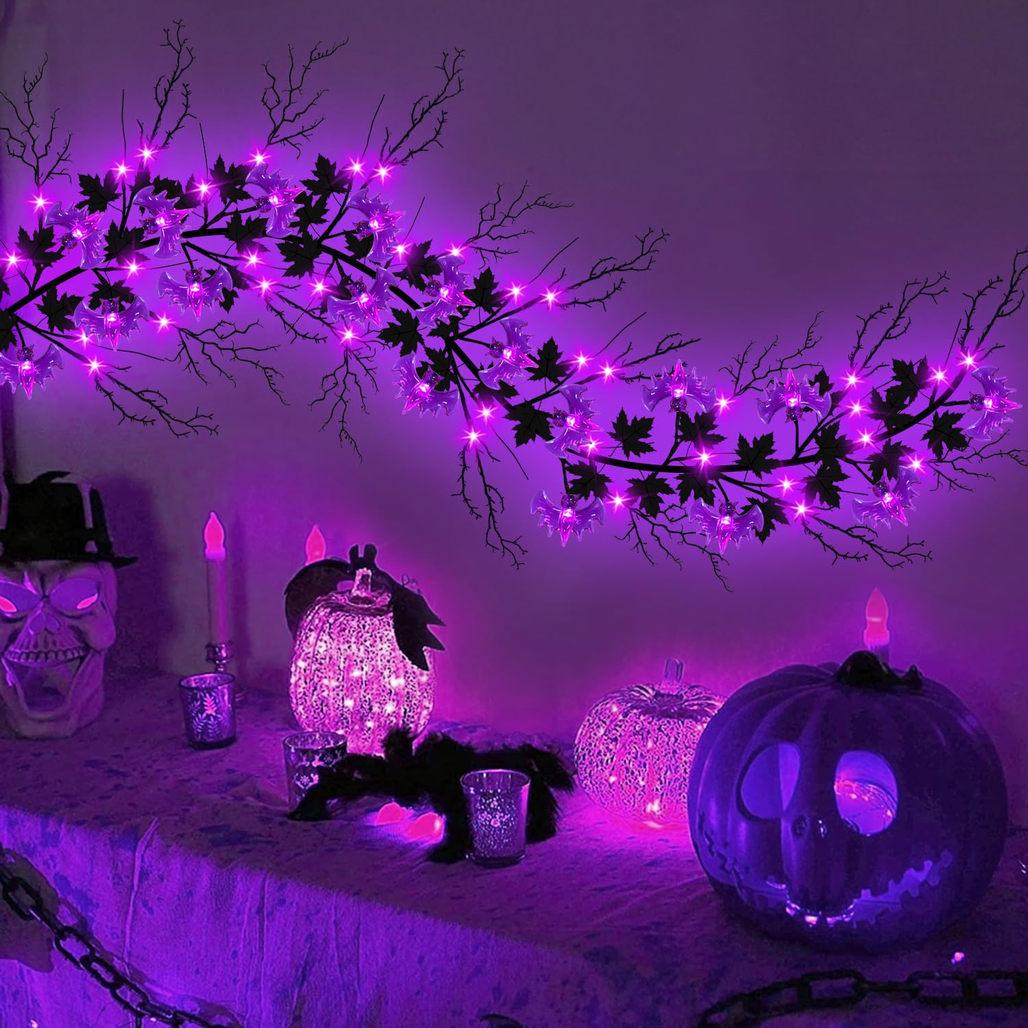 6Ft Halloween Willow Vine Lights Battery Operated Halloween Lights Purple Halloween Garland Decor with 18 Bats & 54 LED Bulbs, f