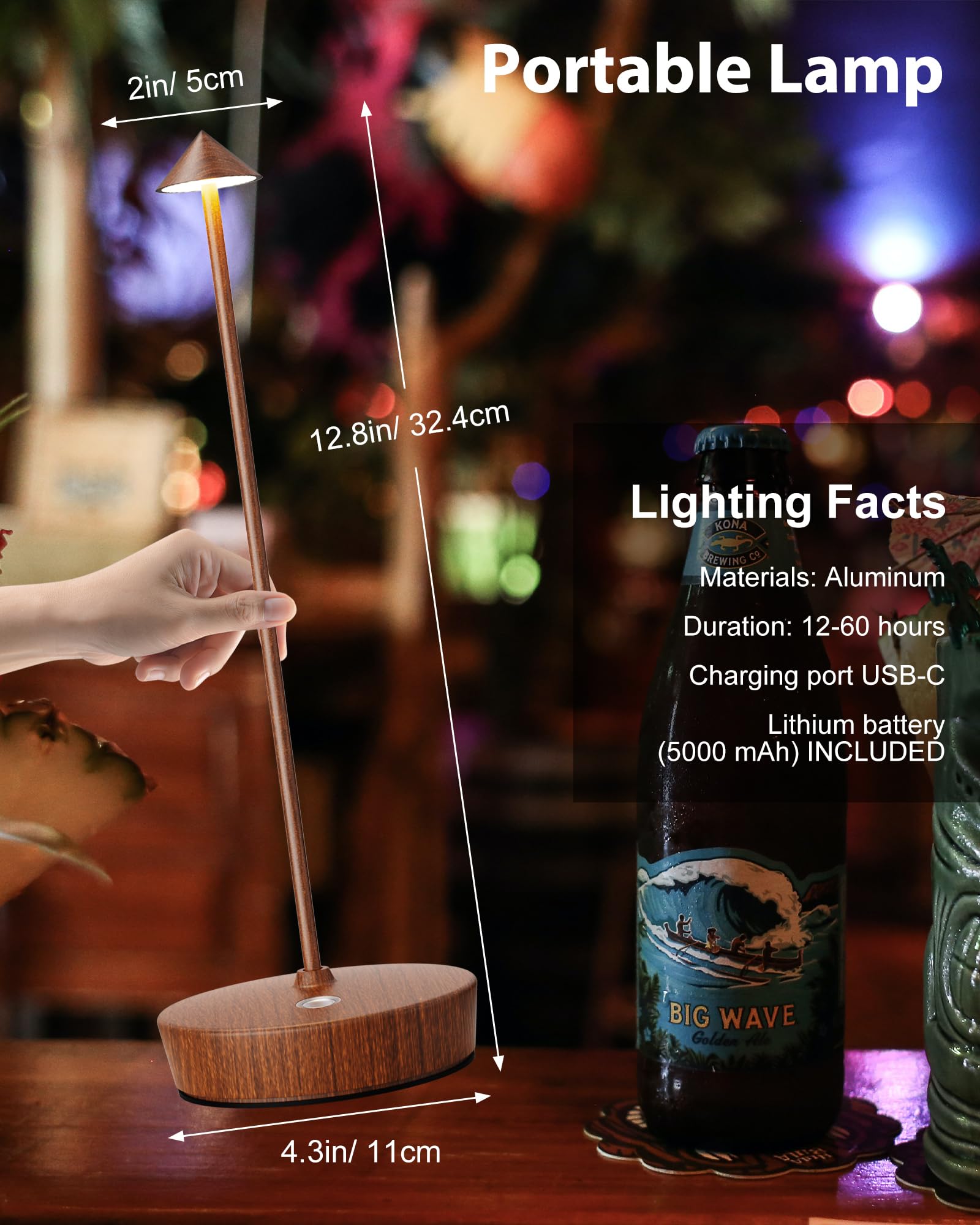 SHANGCAI Cordless LED Table Lamp, 6000mAh Rechargeable, Waterproof, Touch Dimmable, Wood Grain, Model SC-X12-Wood