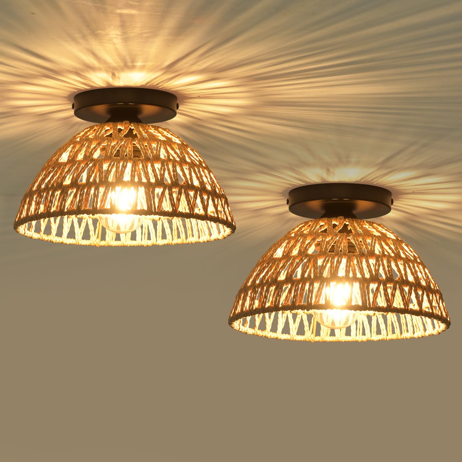 Ihengyanlt 2 Pack 10.2'' H Farmhouse Fixtures Ceiling Mount, Brown Rattan Boho Semi Flush Mount Ceiling Light,Hand Woven Hallway