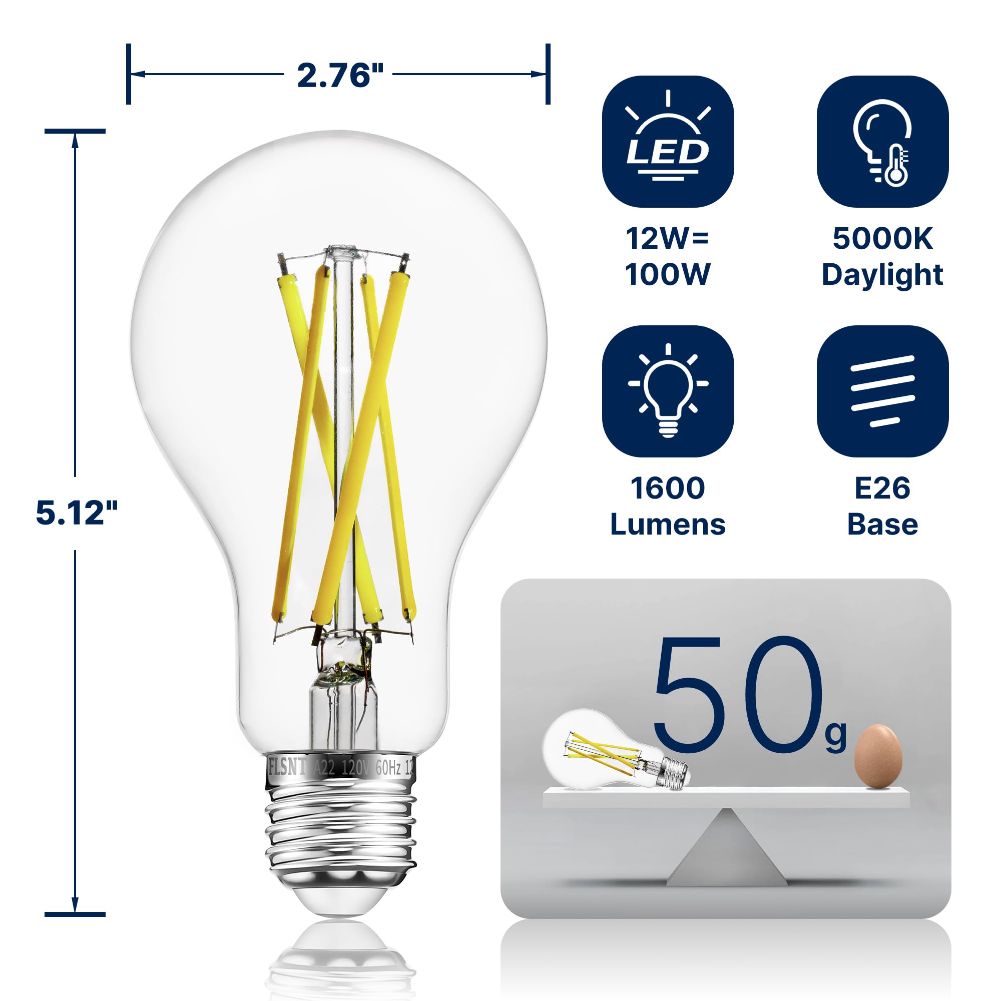 Flsnt 100W Equivalent Led Edison Bulbs, 5000K Daylight, 12W Dimmable A21 Led Light Bulbs, 1600Lm, Cri90, E26 Base, 8 Pack