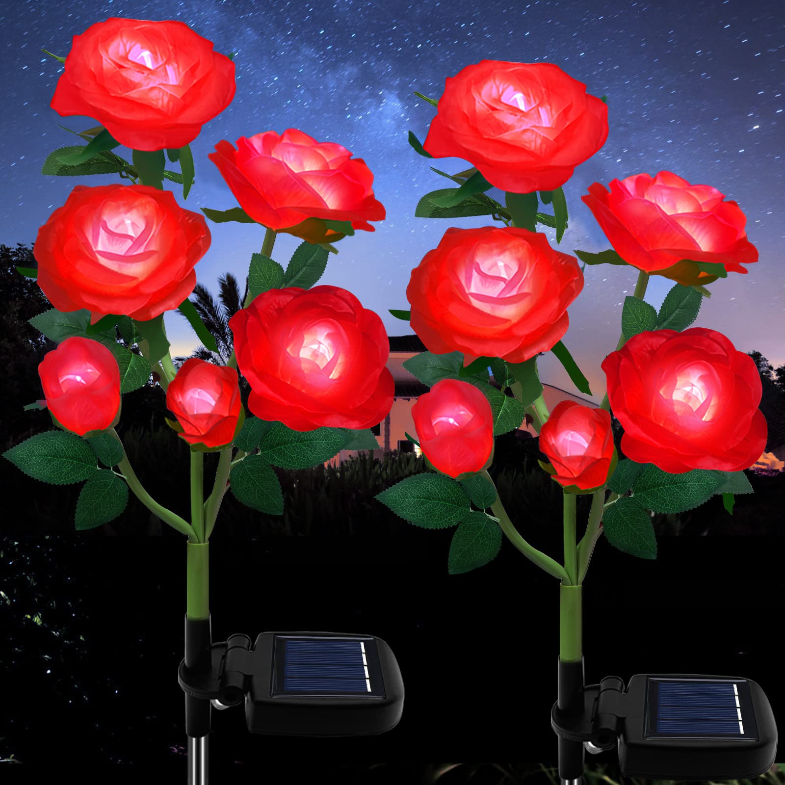 TYNLED Solar Garden Stake Lights, 6 Rose Flowers, Waterproof, 2 Pack, Red, LED Outdoor Decorative Lights for Patio and Lawn