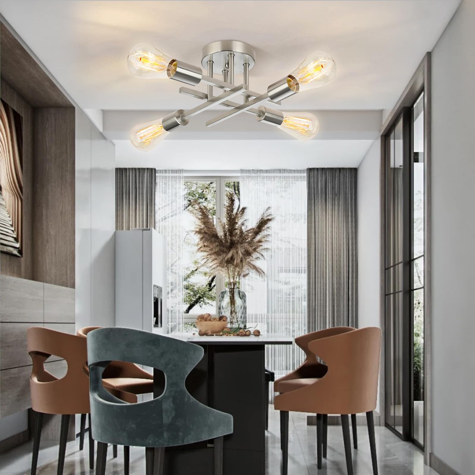 Ceiling Light  Dining Room Light Fixture With E26 Base  Semi Flush Mount Ceiling Light Fixture  Kitchen Lighting Fixtures Ceiling  4-Light Matte Nickle Chandelier For Bedroom