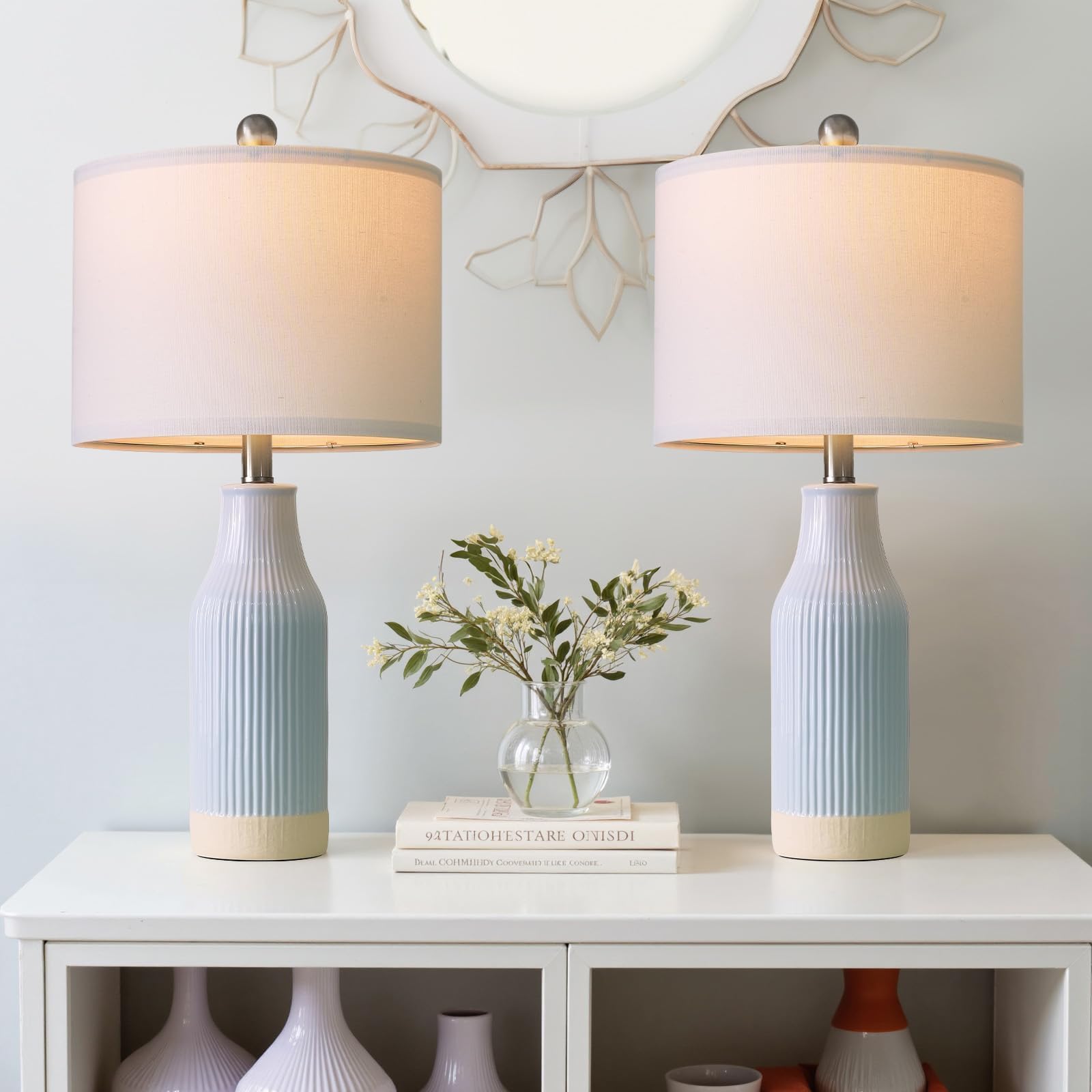 USumkky 23.75inch Light Blue Modern Ceramic Bedside Lamp Set of 2 with 5FT Cord for Bedroom Decor Farmhouse Table Lamp for Living Room Office Dorm