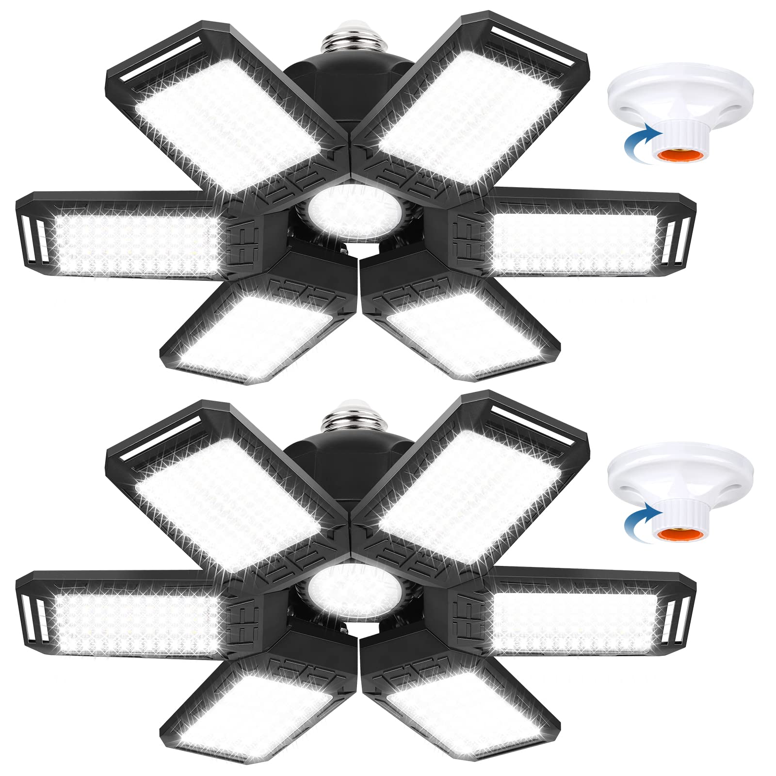 Led Garage Lights 2 Packs, 180W 18000Lm Deformable Triple Glow Garage Lighting with 6 Adjustable Led Panels, E26 Ceiling Light,